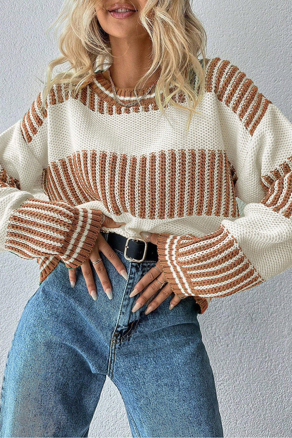 Khaki Two Tone Striped Patchwork Drop Shoulder Loose Sweater