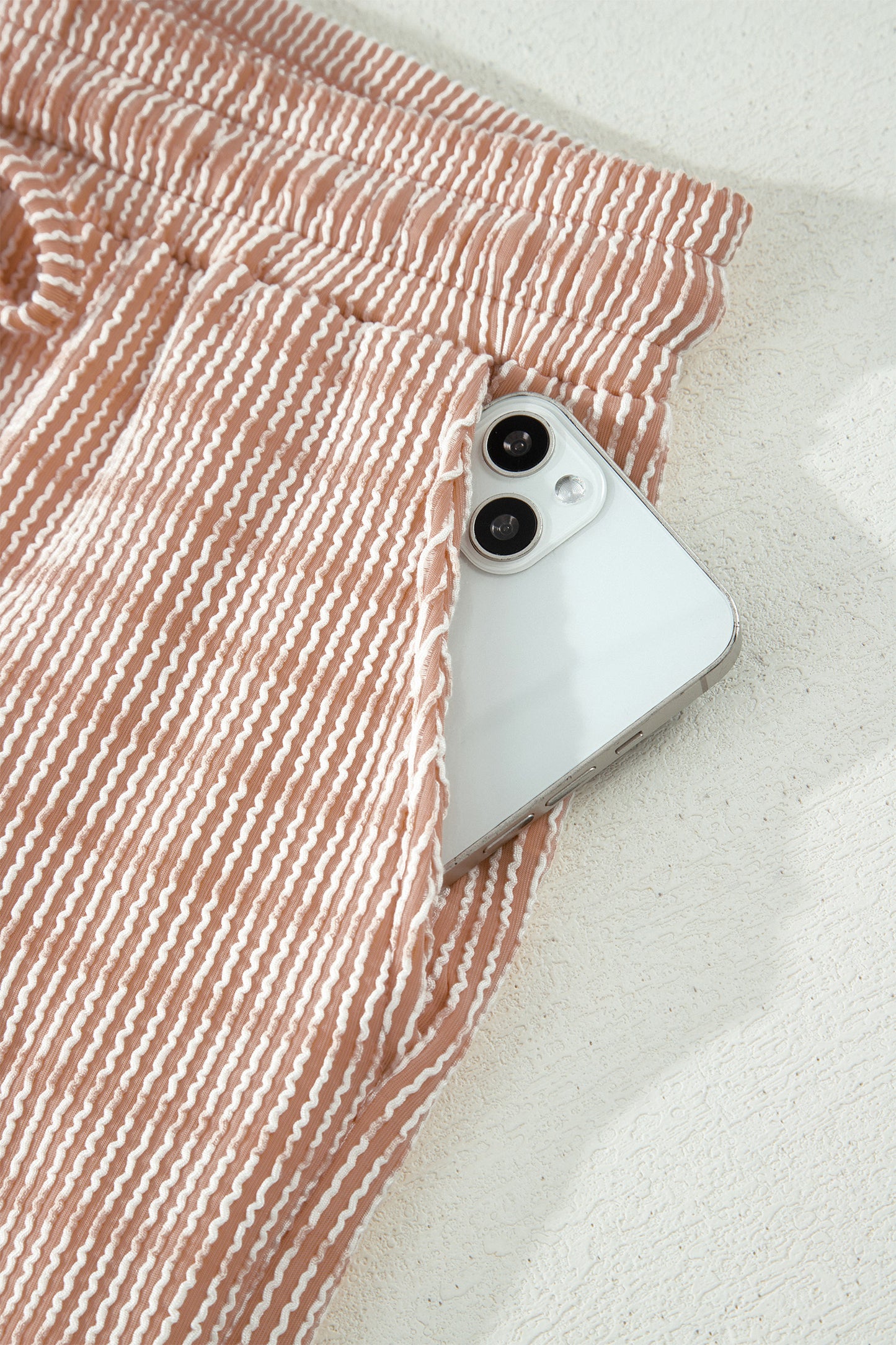 Sky Blue Stripe Raised Rib Loose Tee Drawstring Elastic Waist 2pcs Short Set