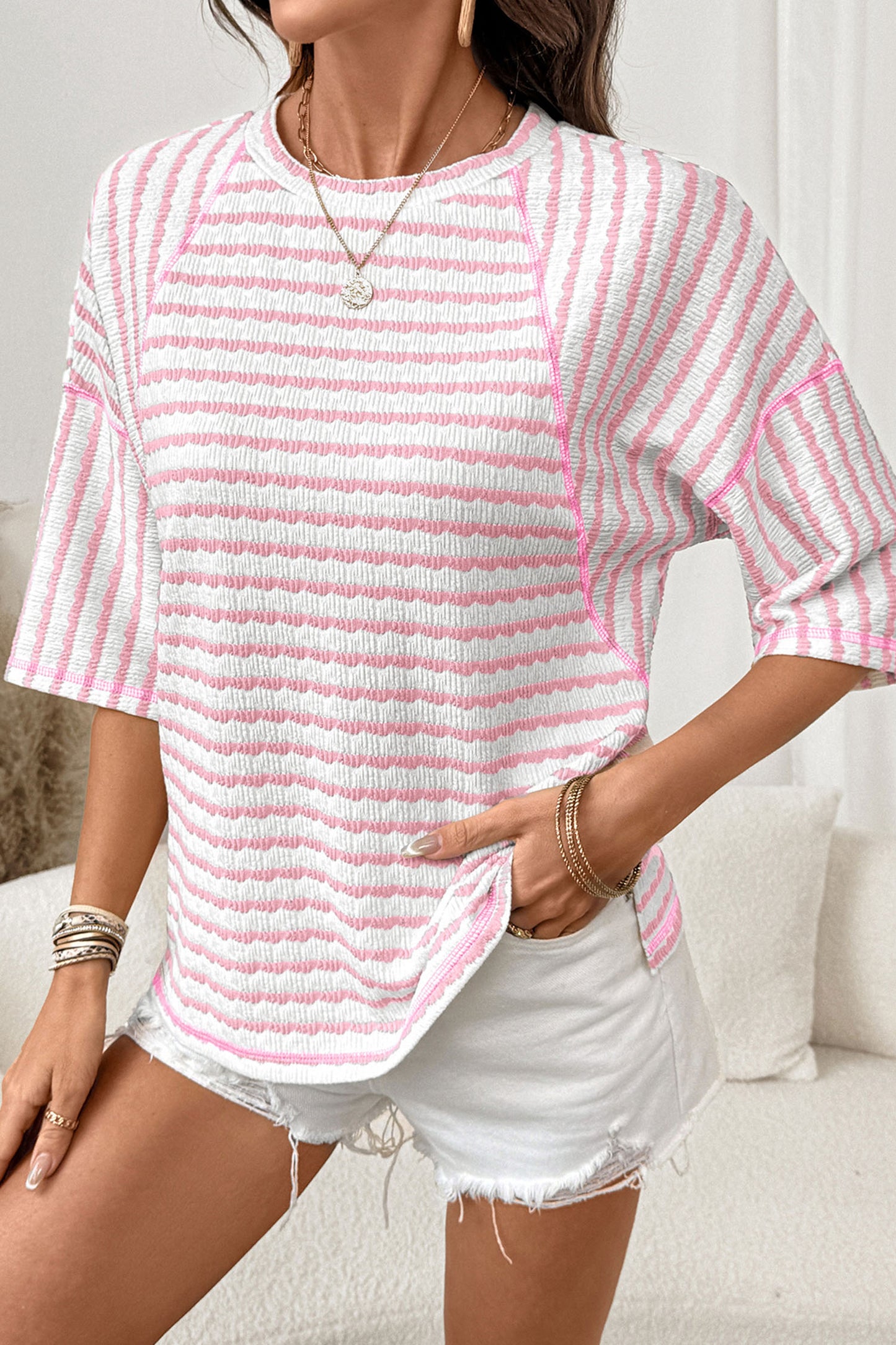 Brown Stripe Textured Knit Split Hem Half Sleeve Loose Top
