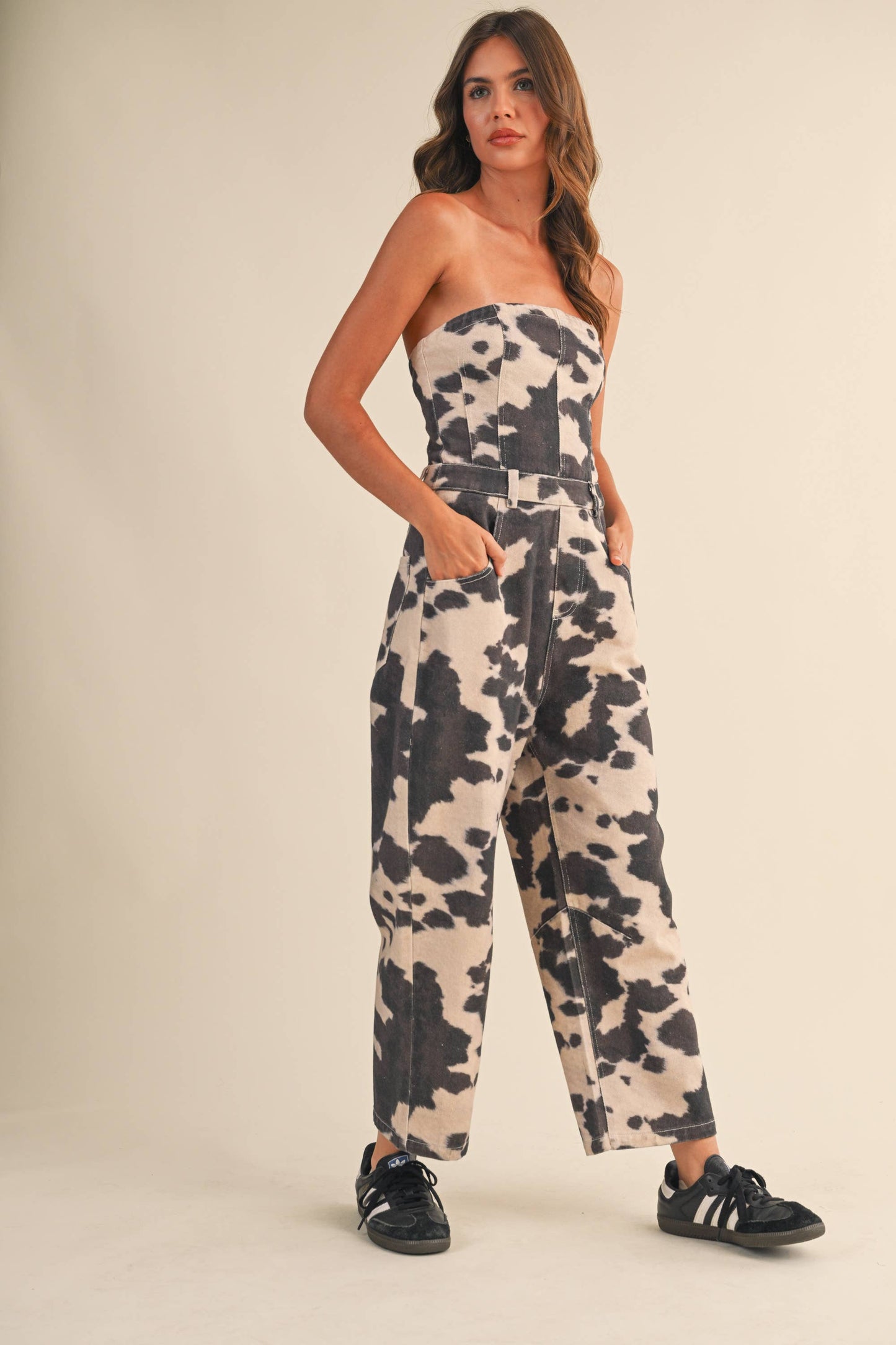 COW PRINT STRAPLESS BARREL PANTS JUMPSUIT