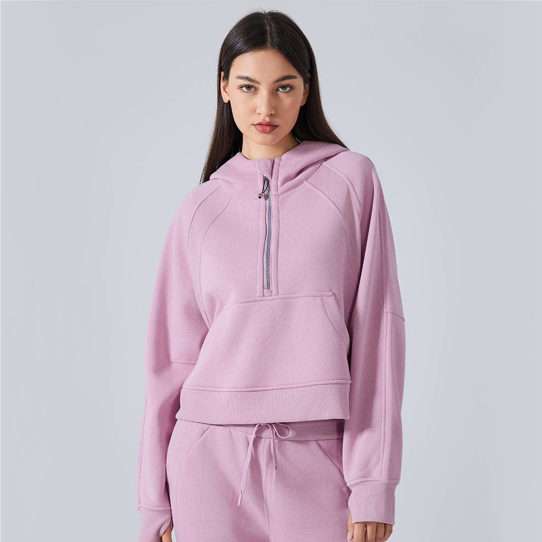 Women Fall Winter Half Zipper Sweatshirt Big Pockets Hoodie : Brown / S