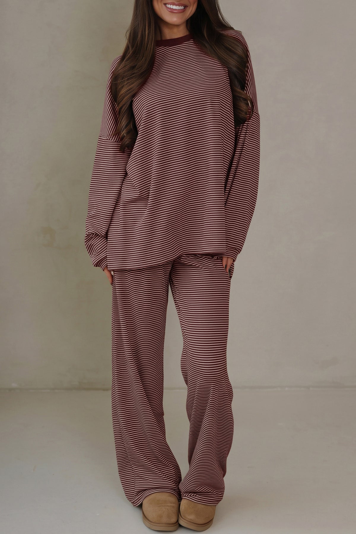Beige Stripe Contrast Trim Round Neck Oversize Long Sleeve Top 2pcs Pant Set