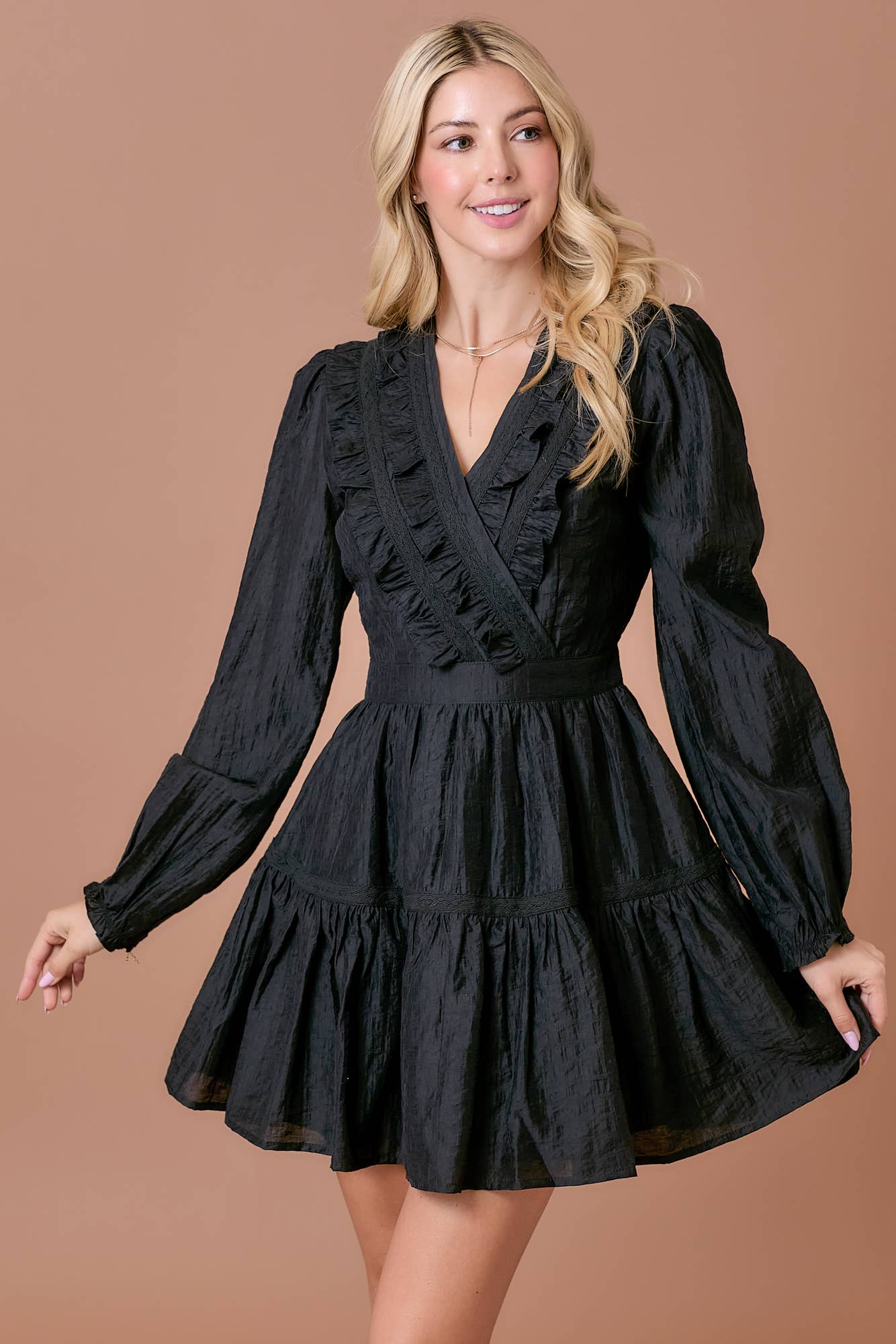 Surplice long sleeve dress with ruffle detailing: BLACK / M