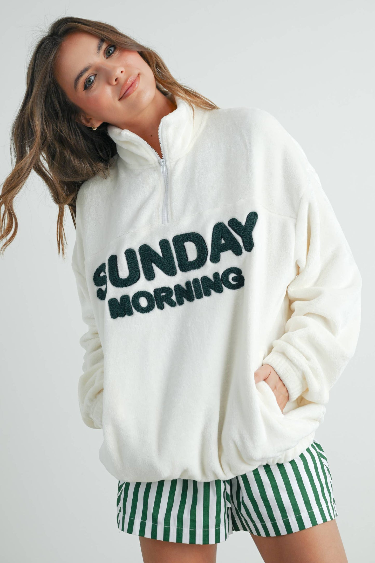 Sunday Morning Half-Zip Pullover Sweatshirt - BMT7579: IVORY / OLIVE / S
