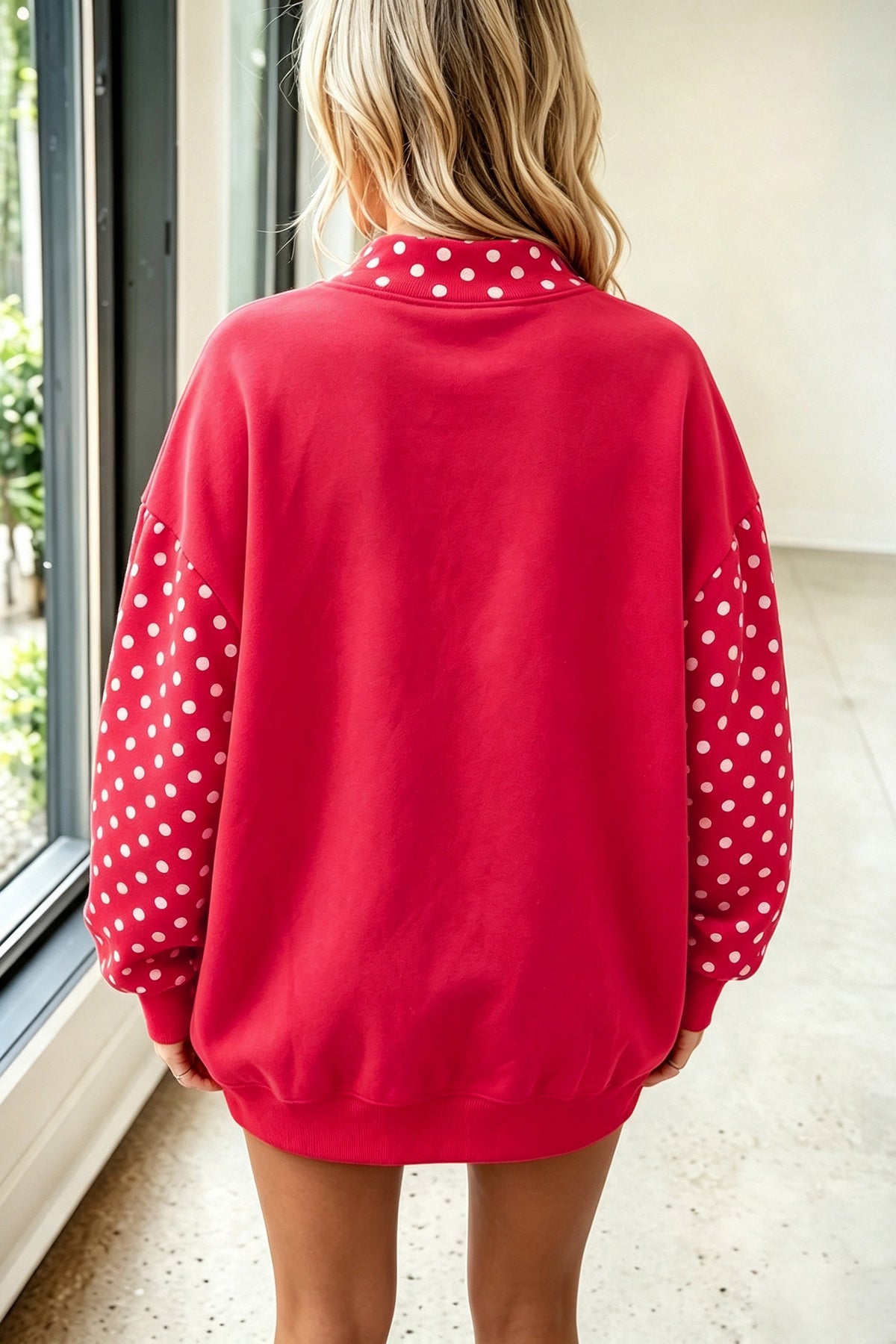 Navy Blue Polka Dot Contrast Round Neck Long Sleeve Baggy Sweatshirt
