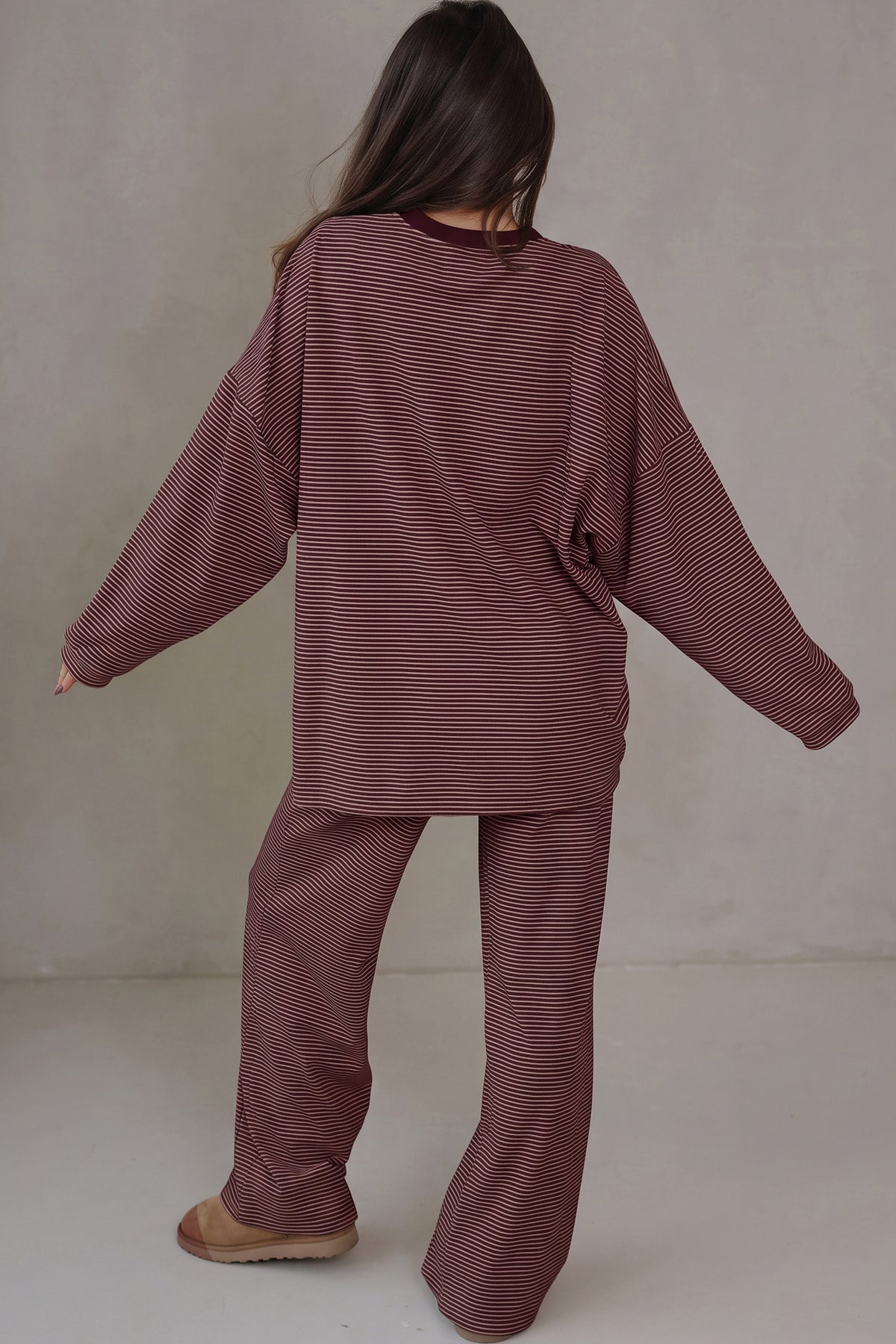 Beige Stripe Contrast Trim Round Neck Oversize Long Sleeve Top 2pcs Pant Set