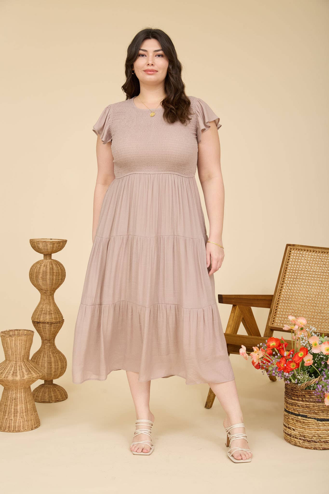PLUS TIERED SMOCKED SHORT SLEEVE MIDI DRESS