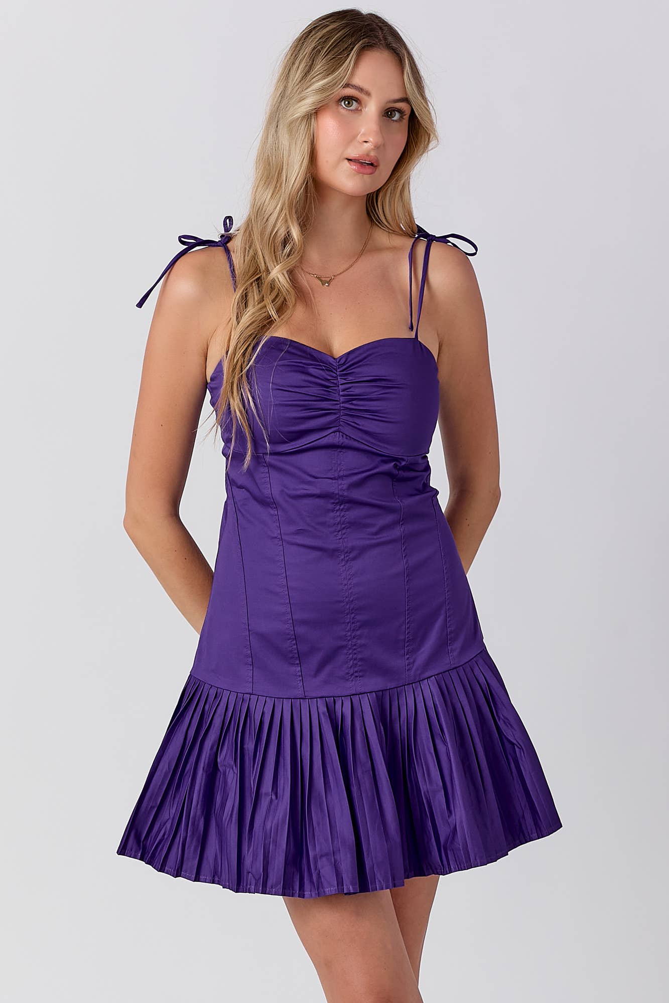 Gameday Sweetheart neckline pleats mini dress : PURPLE / L