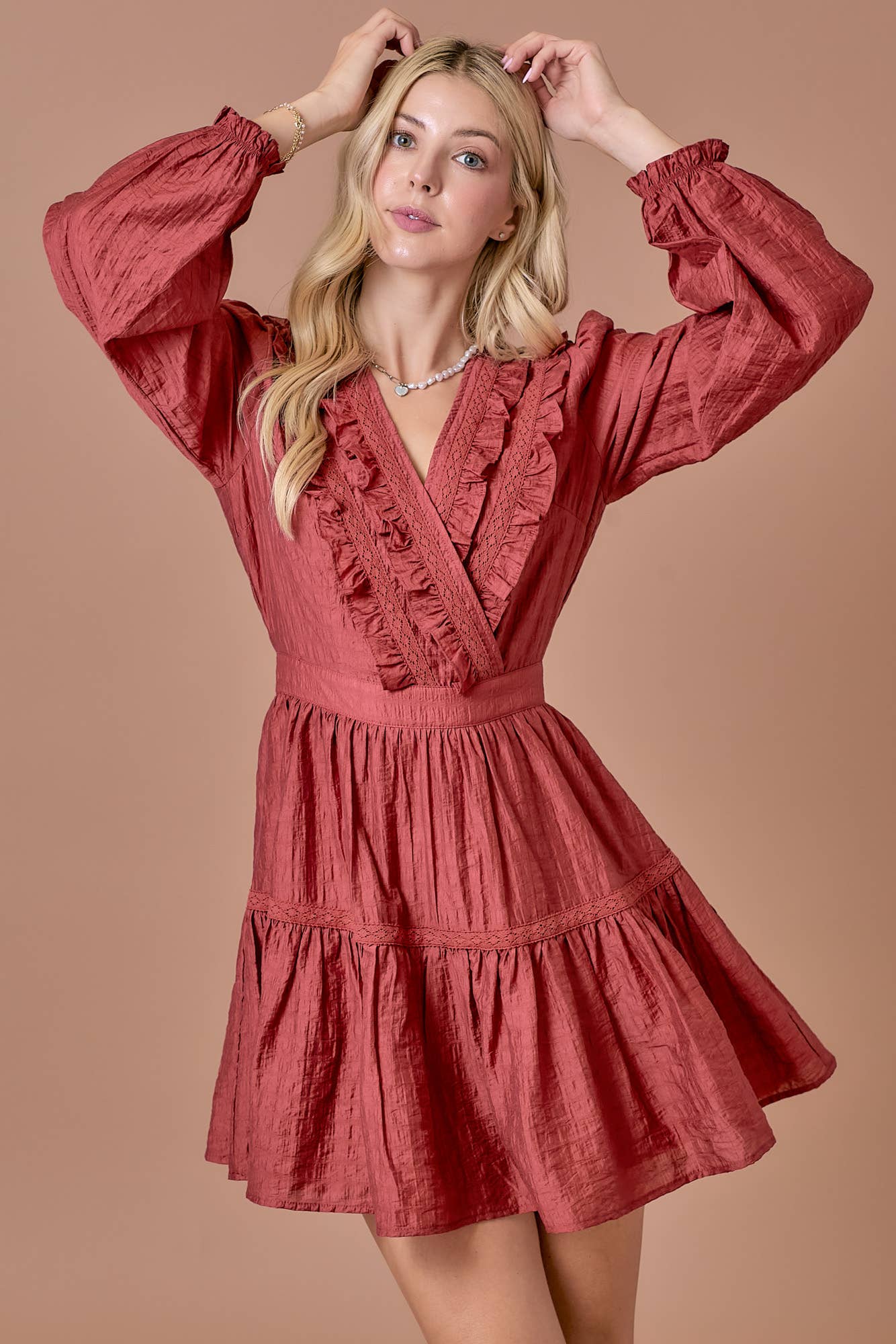 Surplice long sleeve dress with ruffle detailing: BLACK / S