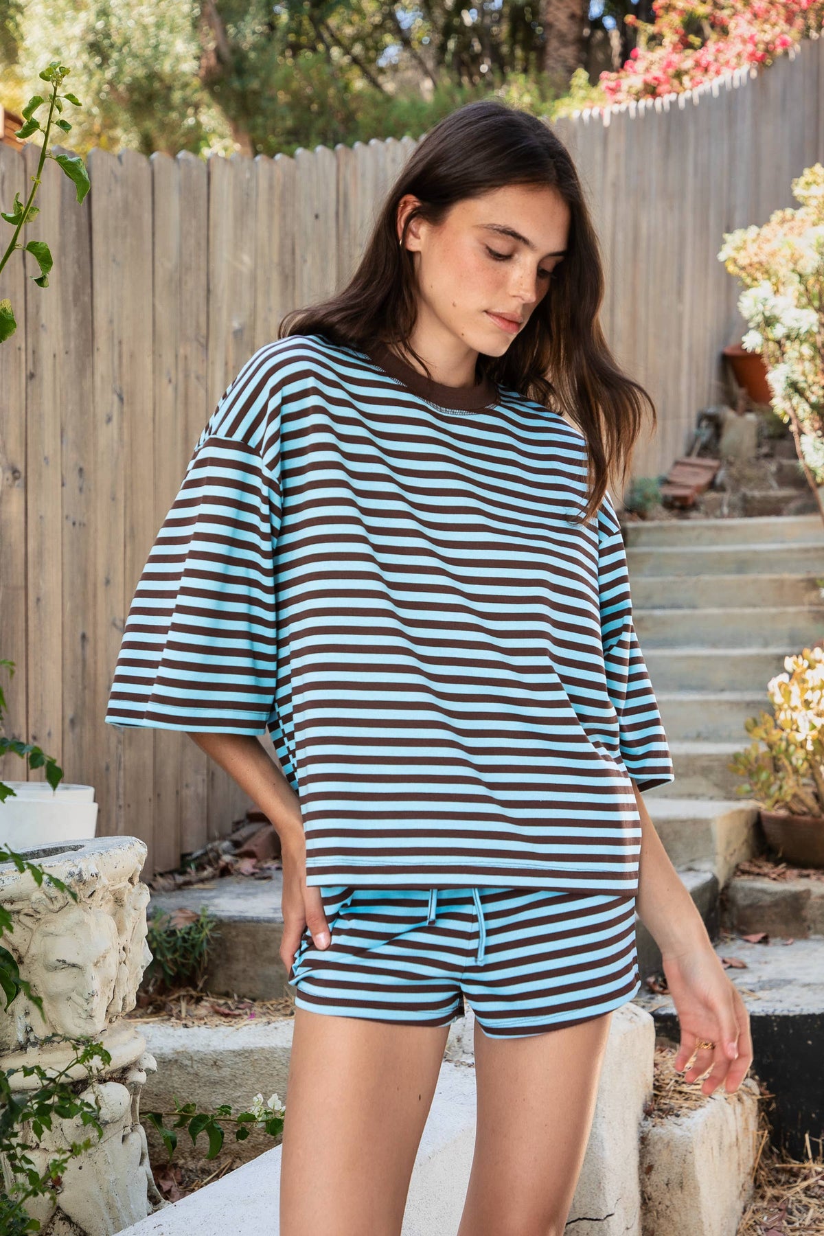 MARLOWE Oversized Crewneck Striped Short Sleeve Top