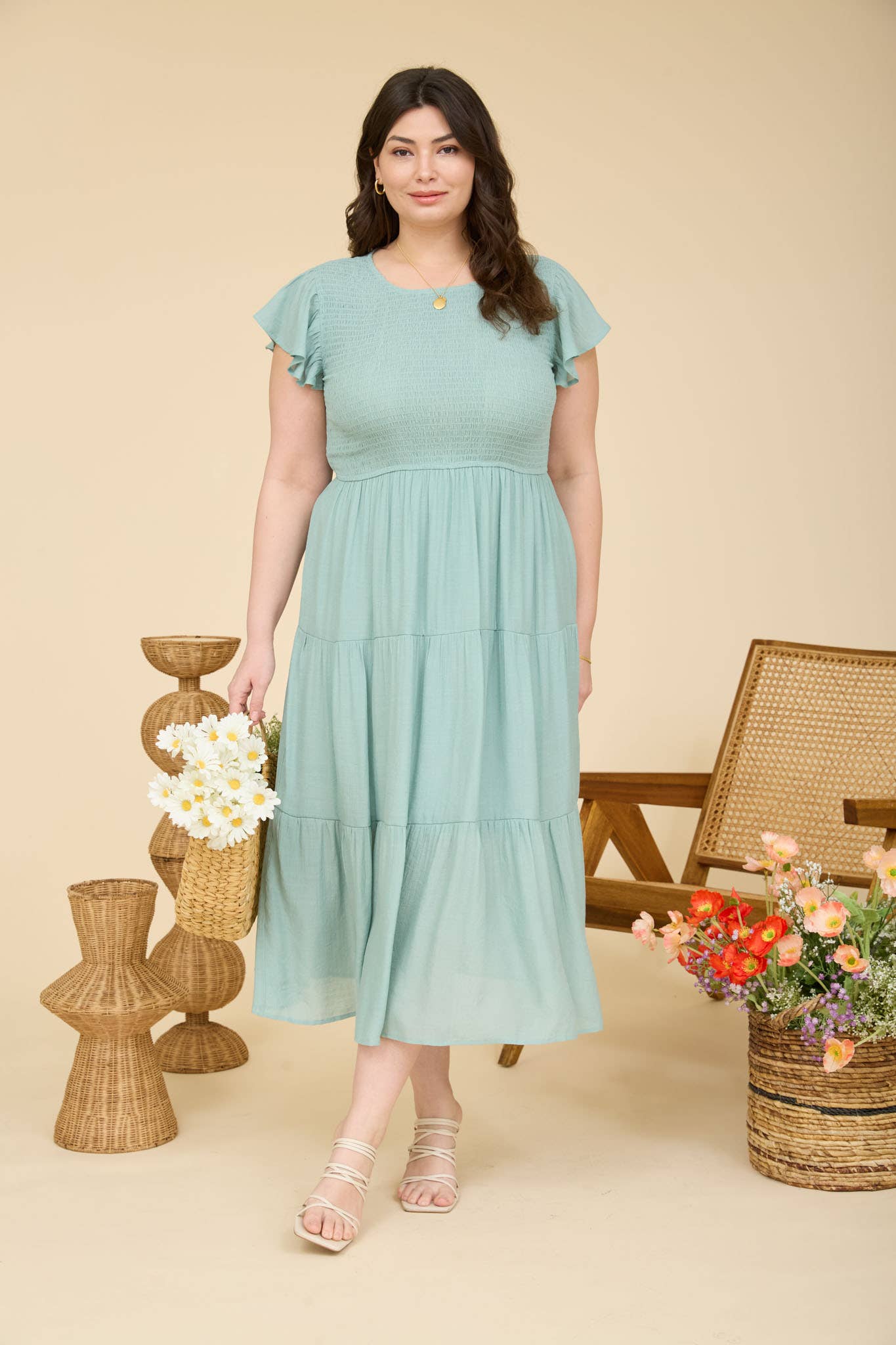 PLUS TIERED SMOCKED SHORT SLEEVE MIDI DRESS