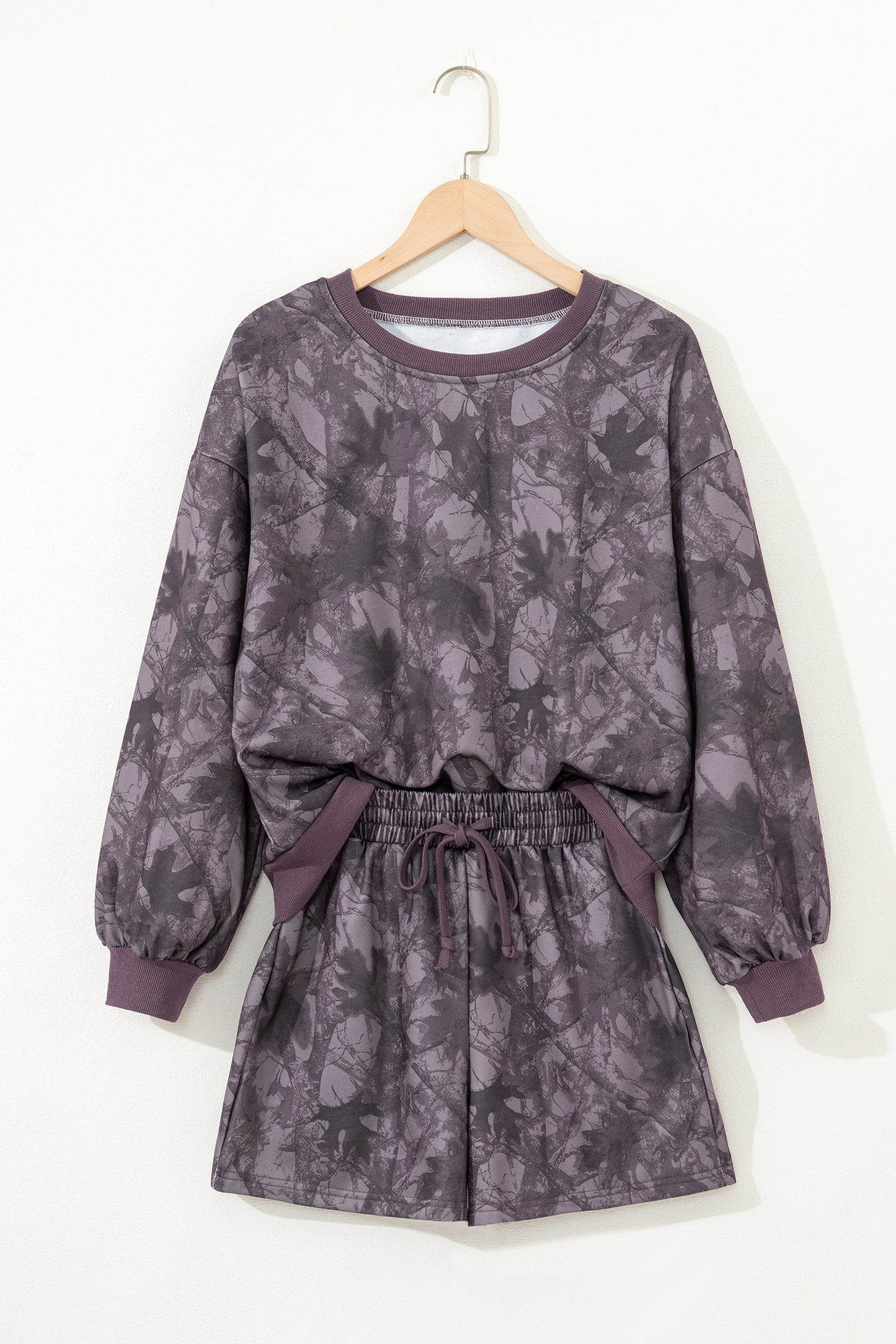 Light Grey Abstract Woodland Camo Print Baggy Pullover Drawstring Shorts Set
