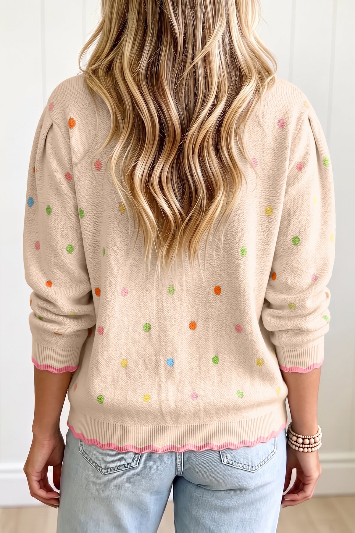 Coffee 100% Cotton Round Neck Polka Dot Long Sleeve Casual Shift Sweater