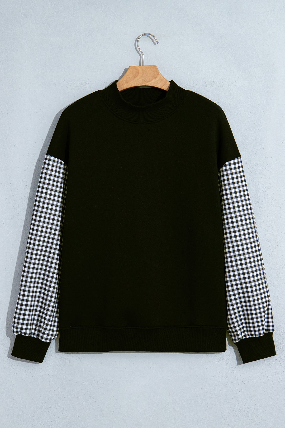 Navy Blue Plaid Sleeve Colorblock Loose Tunic Sweatshirt