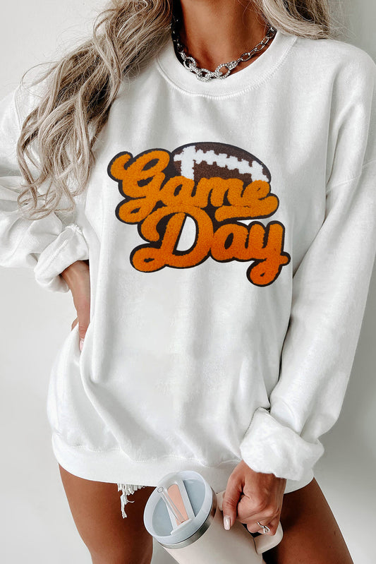 White and Orange Game Day Football Pattern Pullover Sweatshirt