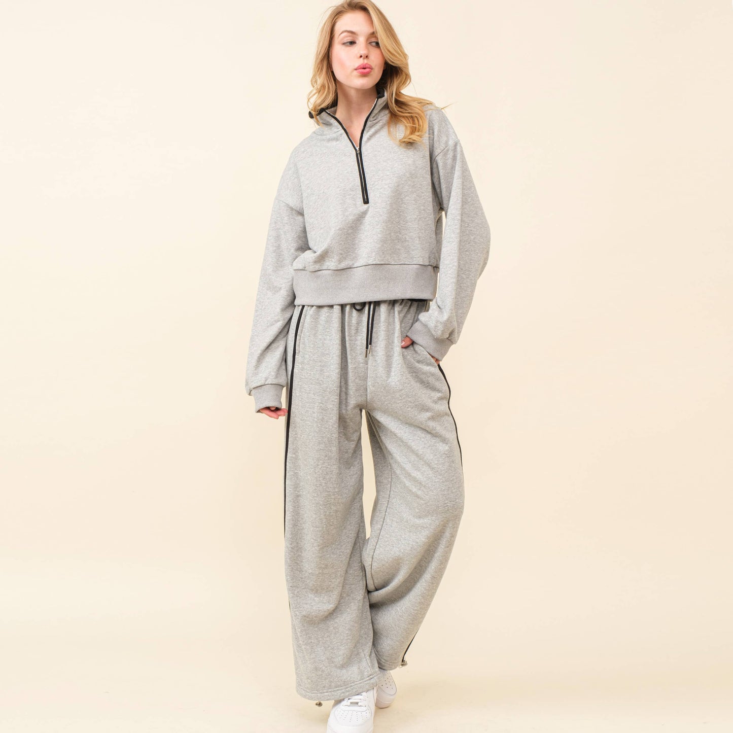 Striped Sweat Set w/ Quarter Zip Sweatshirt and Pants: DK.H.GREY/BLACK / L
