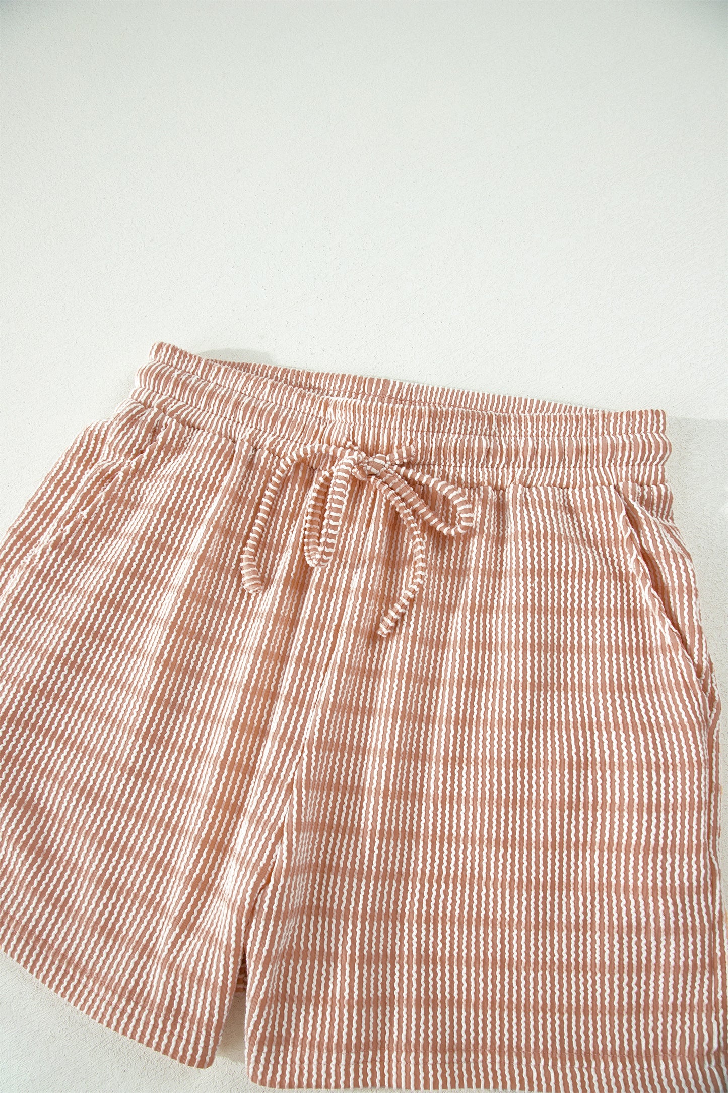 Sky Blue Stripe Raised Rib Loose Tee Drawstring Elastic Waist 2pcs Short Set