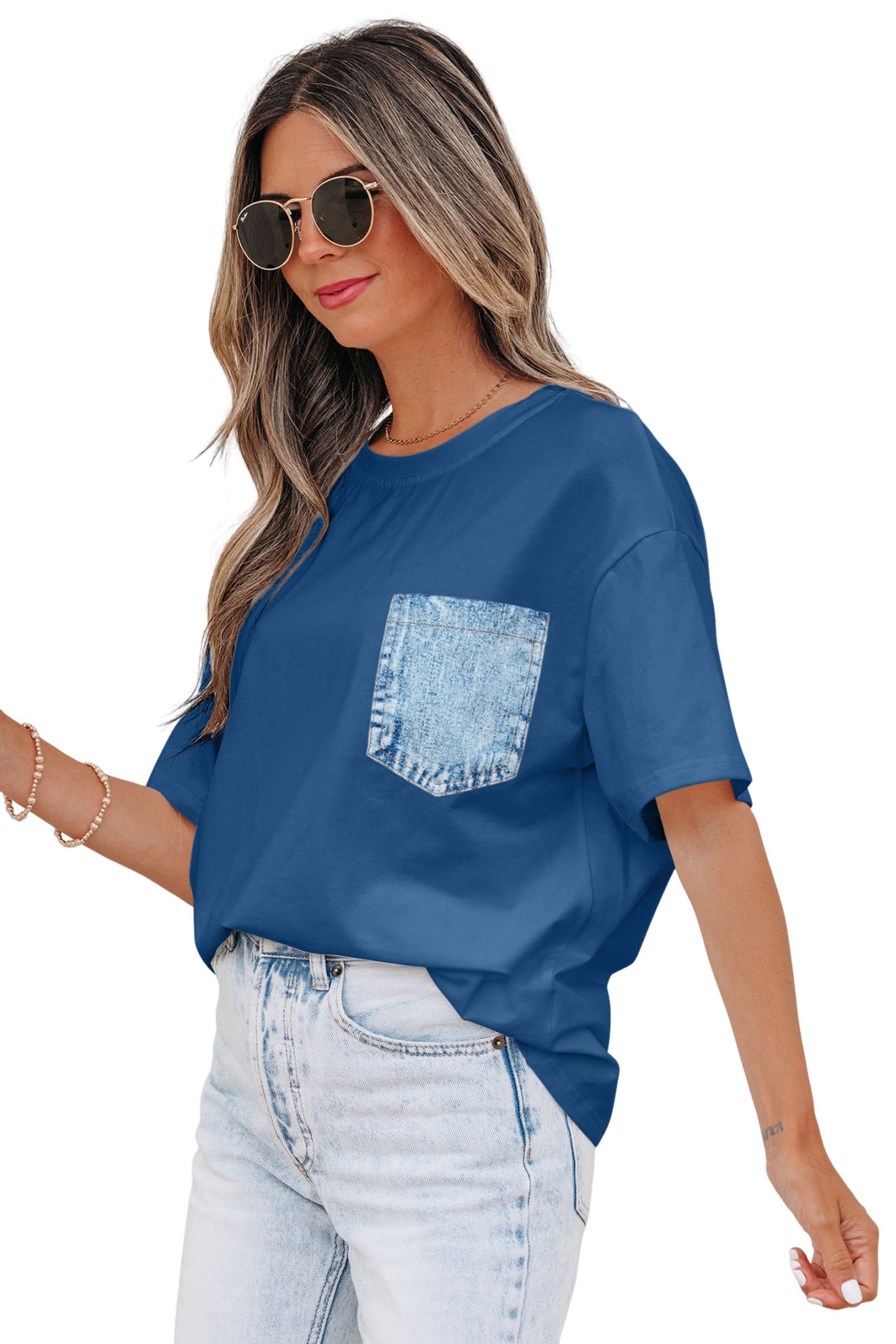 White Color Block Chest Pocket Patched Casual Short Sleeve Top