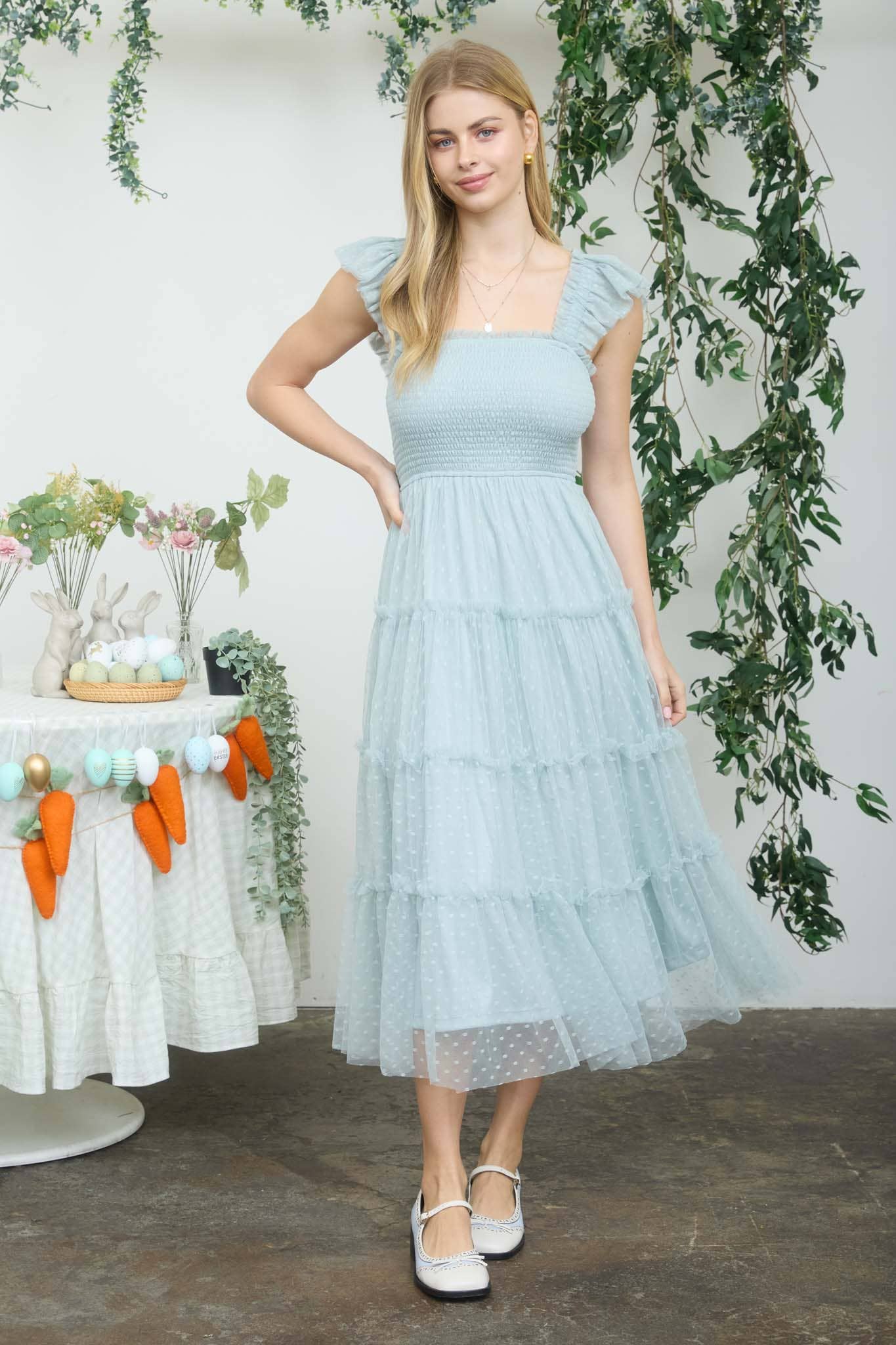 POLKA DOT CHIFFON SMOCKED TIERED MIDI DRESS
