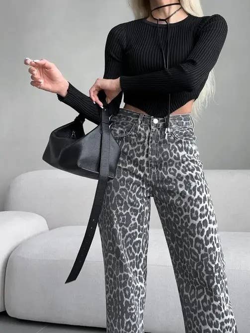 Leopard print high waist pants: Grey / L