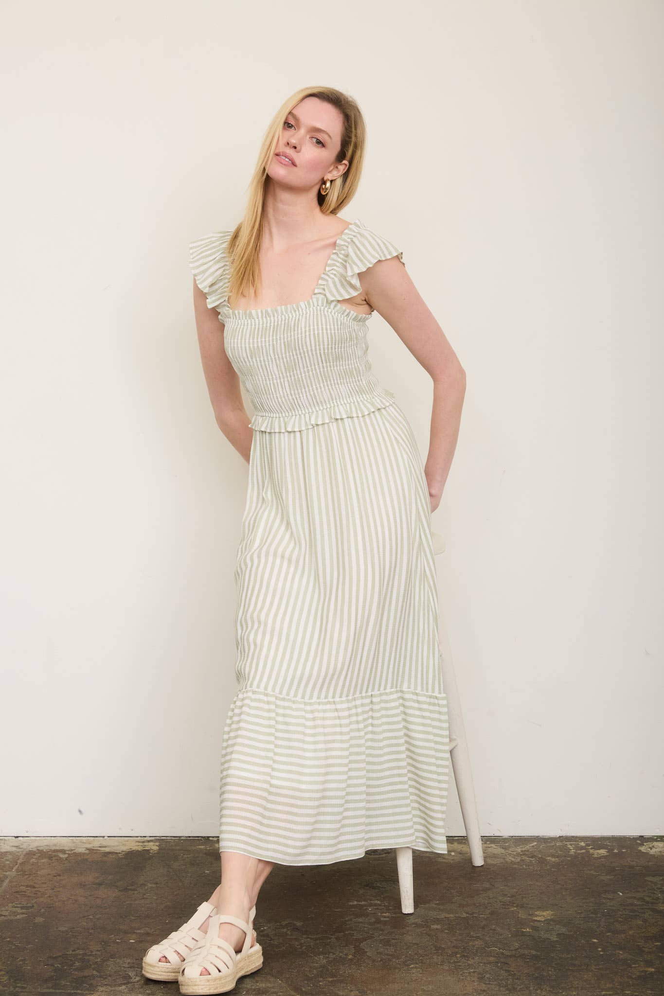 PLUS BLUE AND WHITE STRIPED SMOCKED RUFFLE TRIM MIDI DRESS