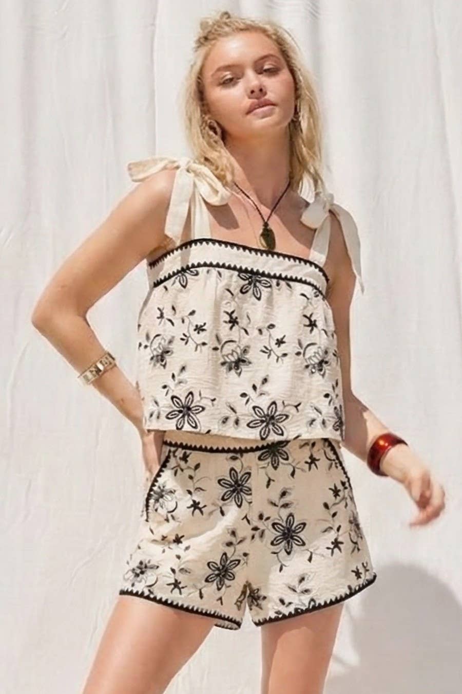 Embroidery Tan Crop Top and Short Set