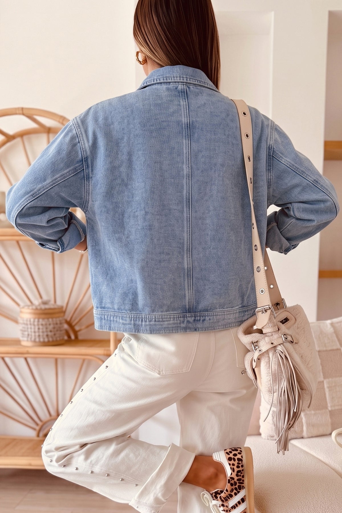 Coffee Studded Metal Zipper Rivet Pockets Long Sleeve Denim Jacket