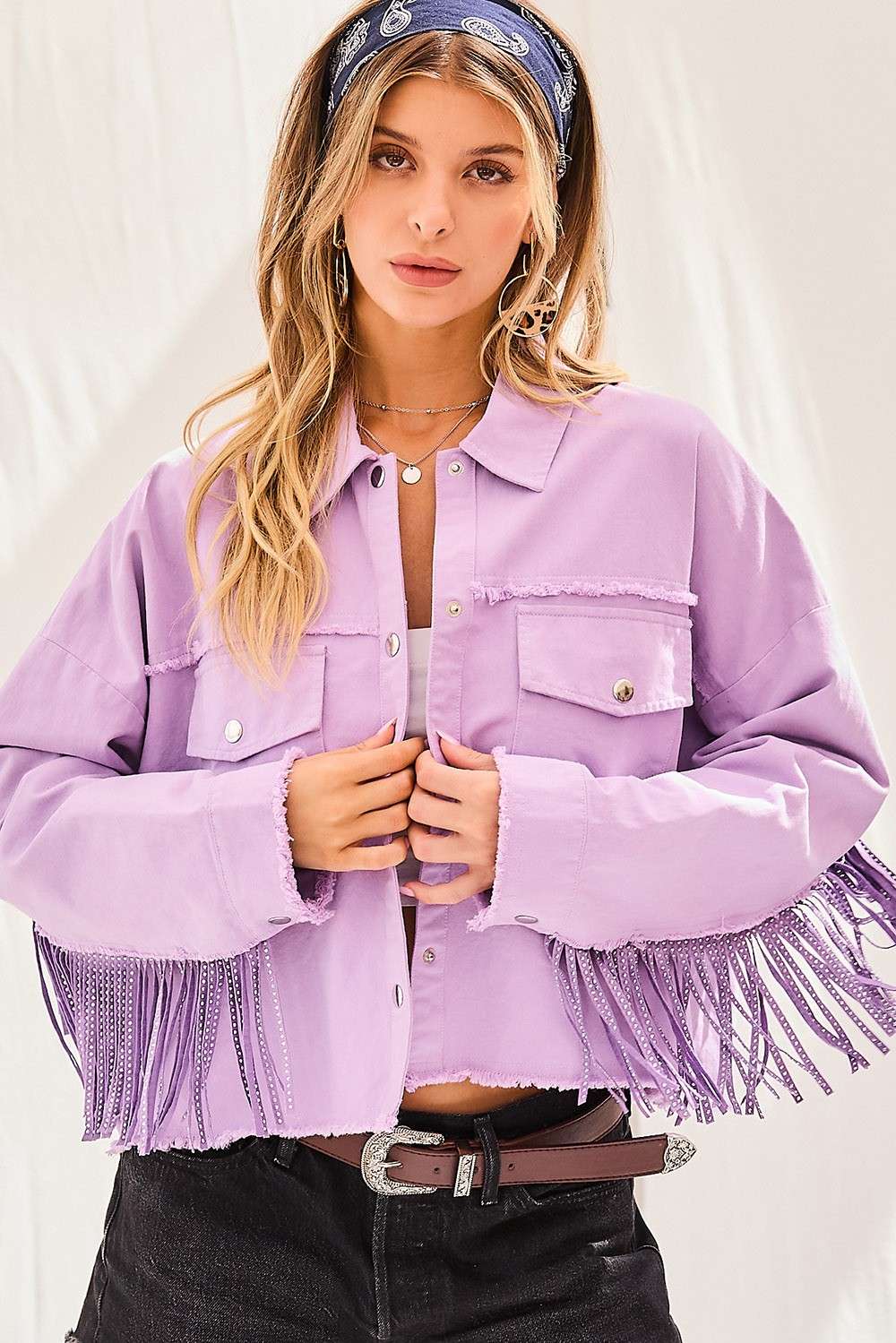 Stud Fringe Jacket: LAVENDER / M