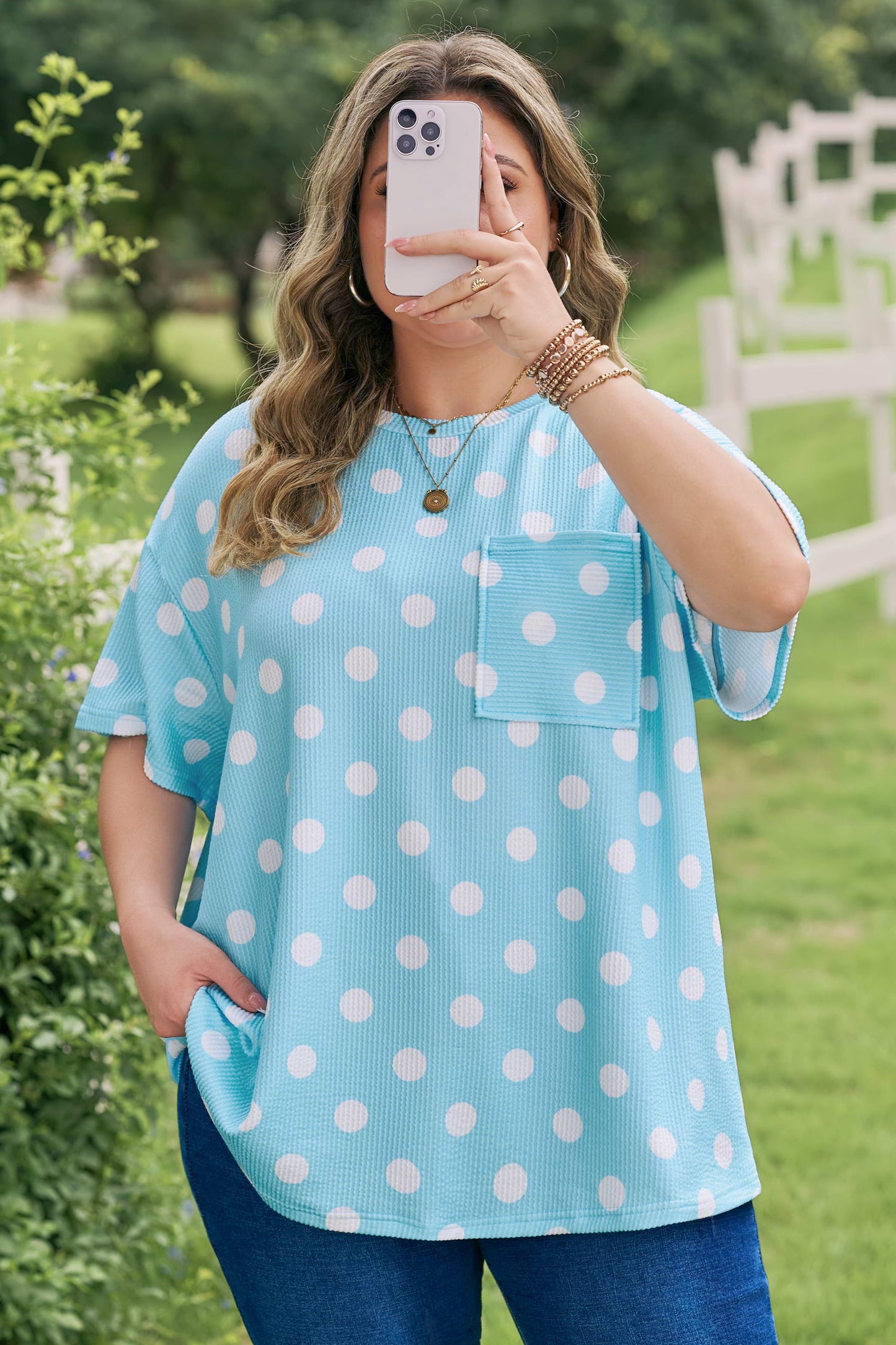 Sky Blue Twisted Rib Polka Dot Print Plus Size T Shirt