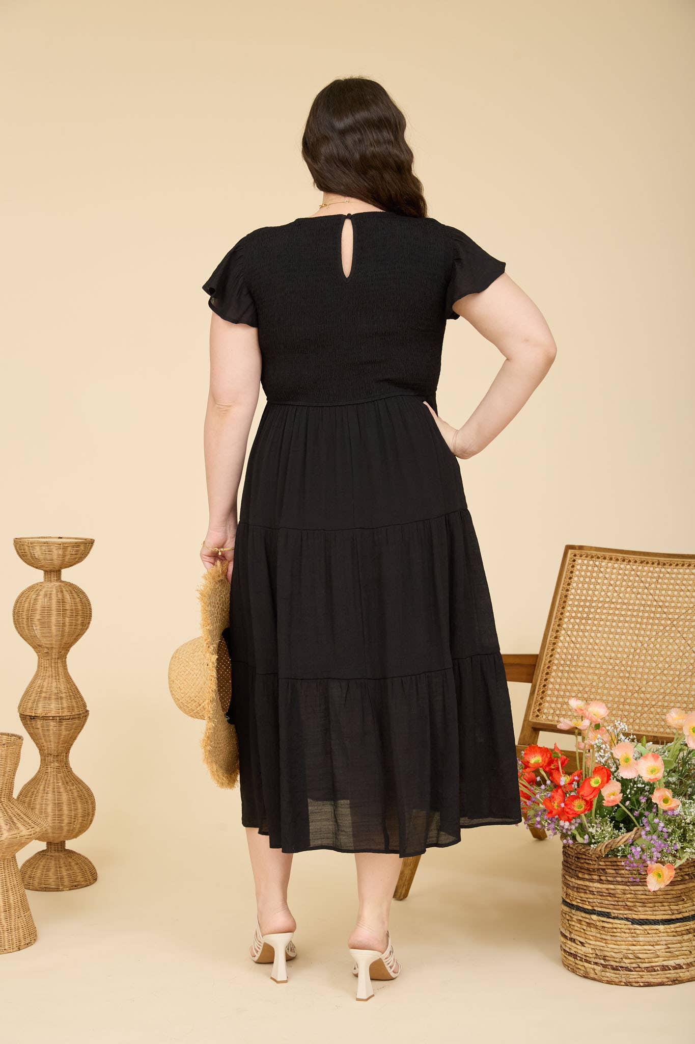 PLUS TIERED SMOCKED SHORT SLEEVE MIDI DRESS