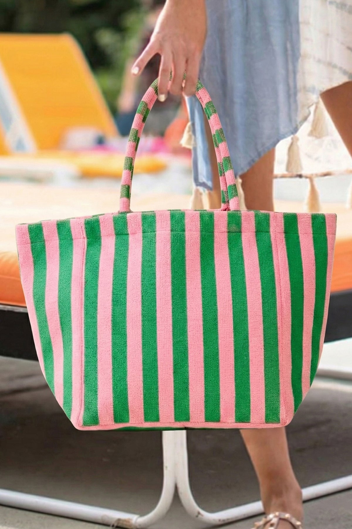 Dark Green Striped Terry Large Beach Tote Bag