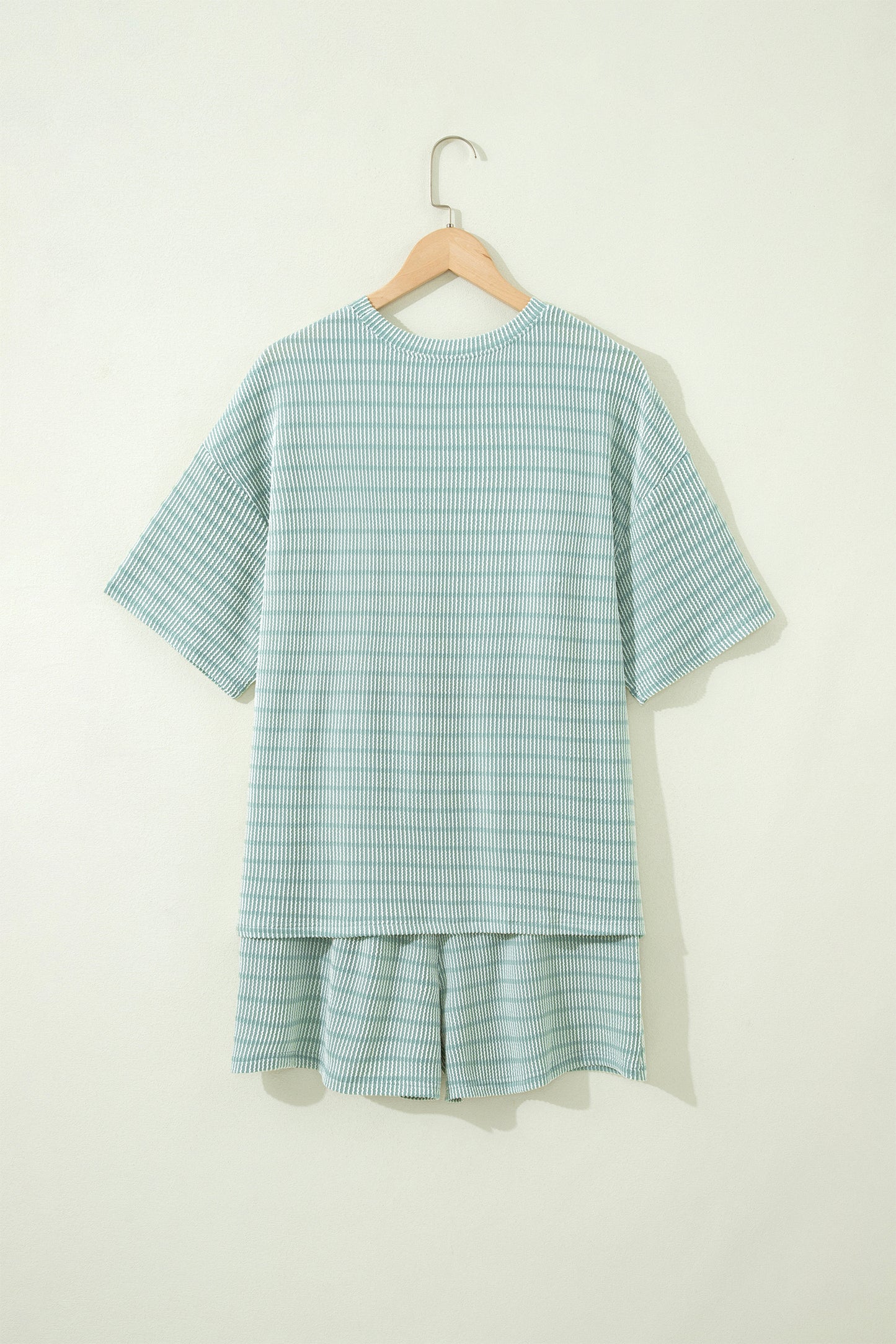 Sky Blue Stripe Raised Rib Loose Tee Drawstring Elastic Waist 2pcs Short Set