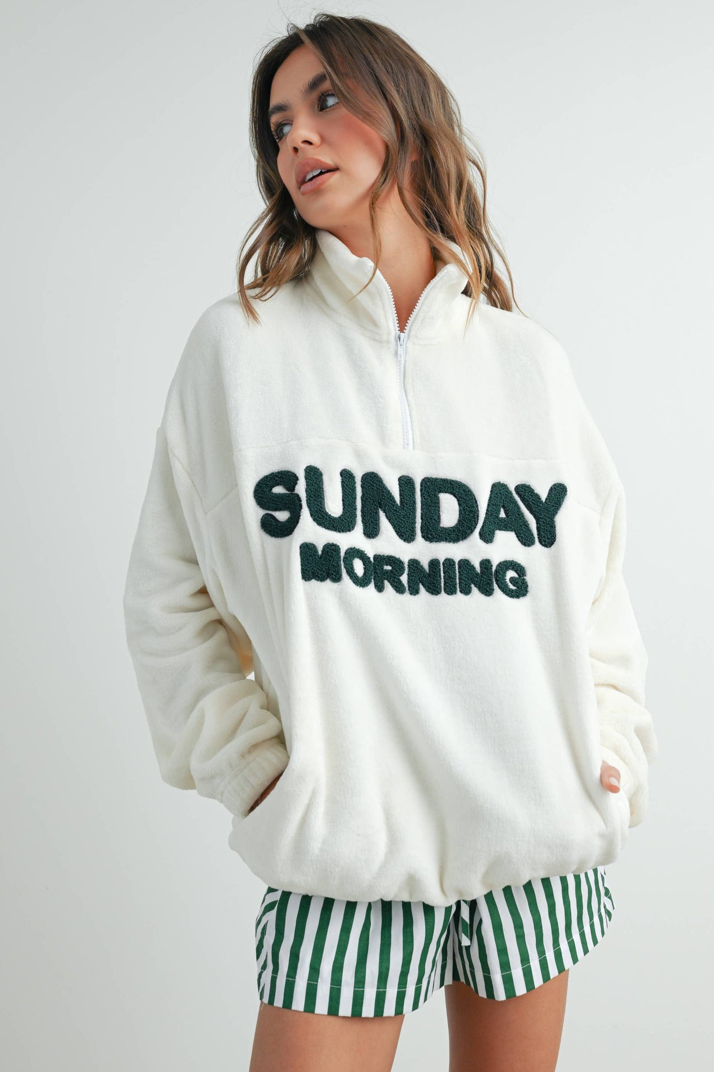 Sunday Morning Half-Zip Pullover Sweatshirt - BMT7579: IVORY / OLIVE / S