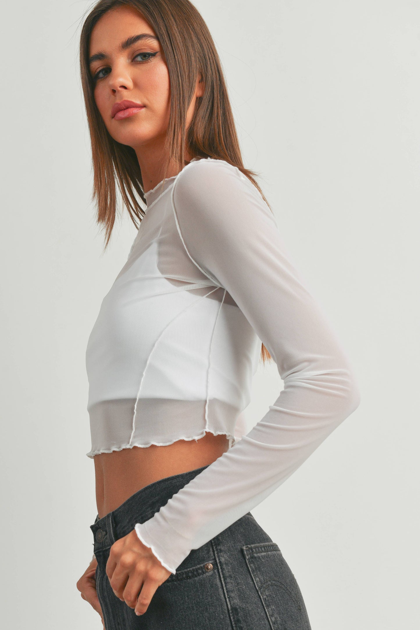 Mesh Merrow Edge Detail Long Sleeve Top - BMT7137: WHITE / M