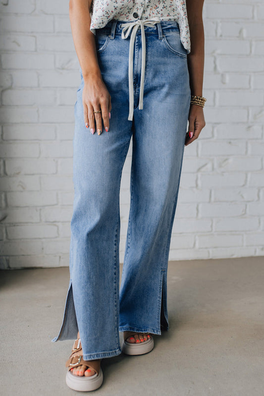 Slit Leg High Rise Drawstring Casual Jeans