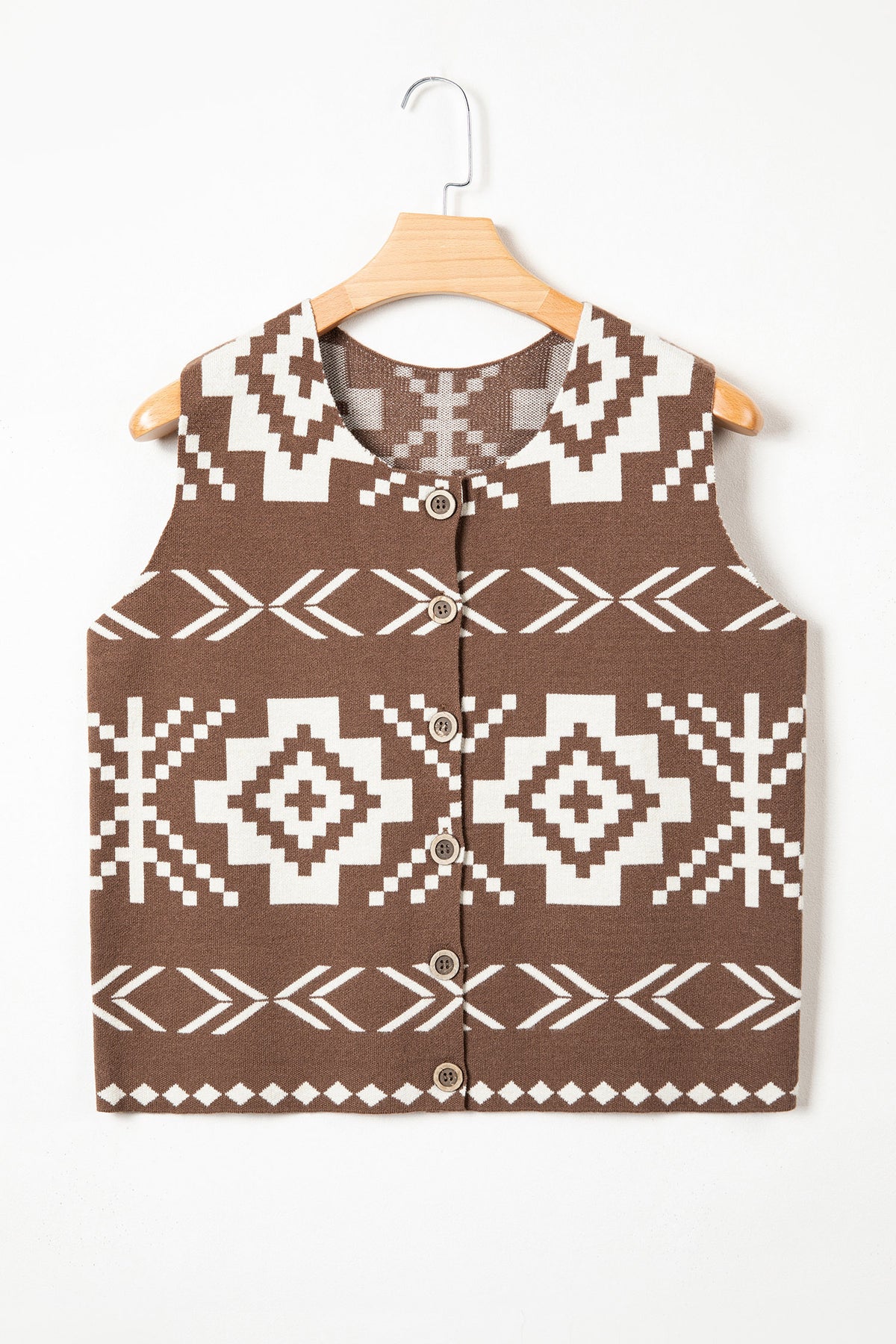 Brown Southwestern Aztec Button Square Neck Sweater Vest