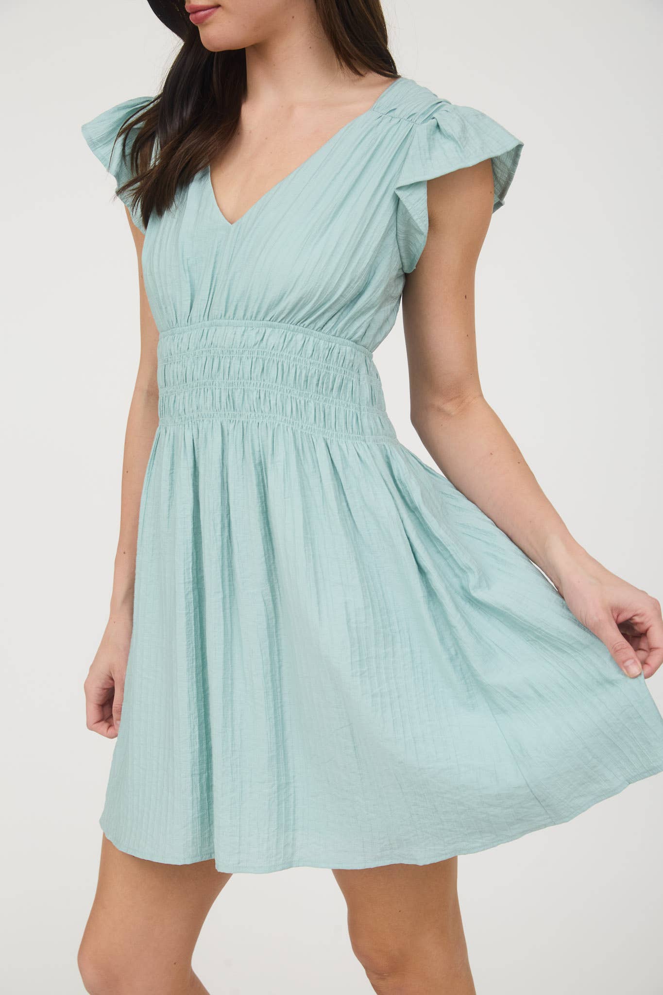 V NECK SHIRRED WAIST RUFFLE SLEEVE MINI DRESS