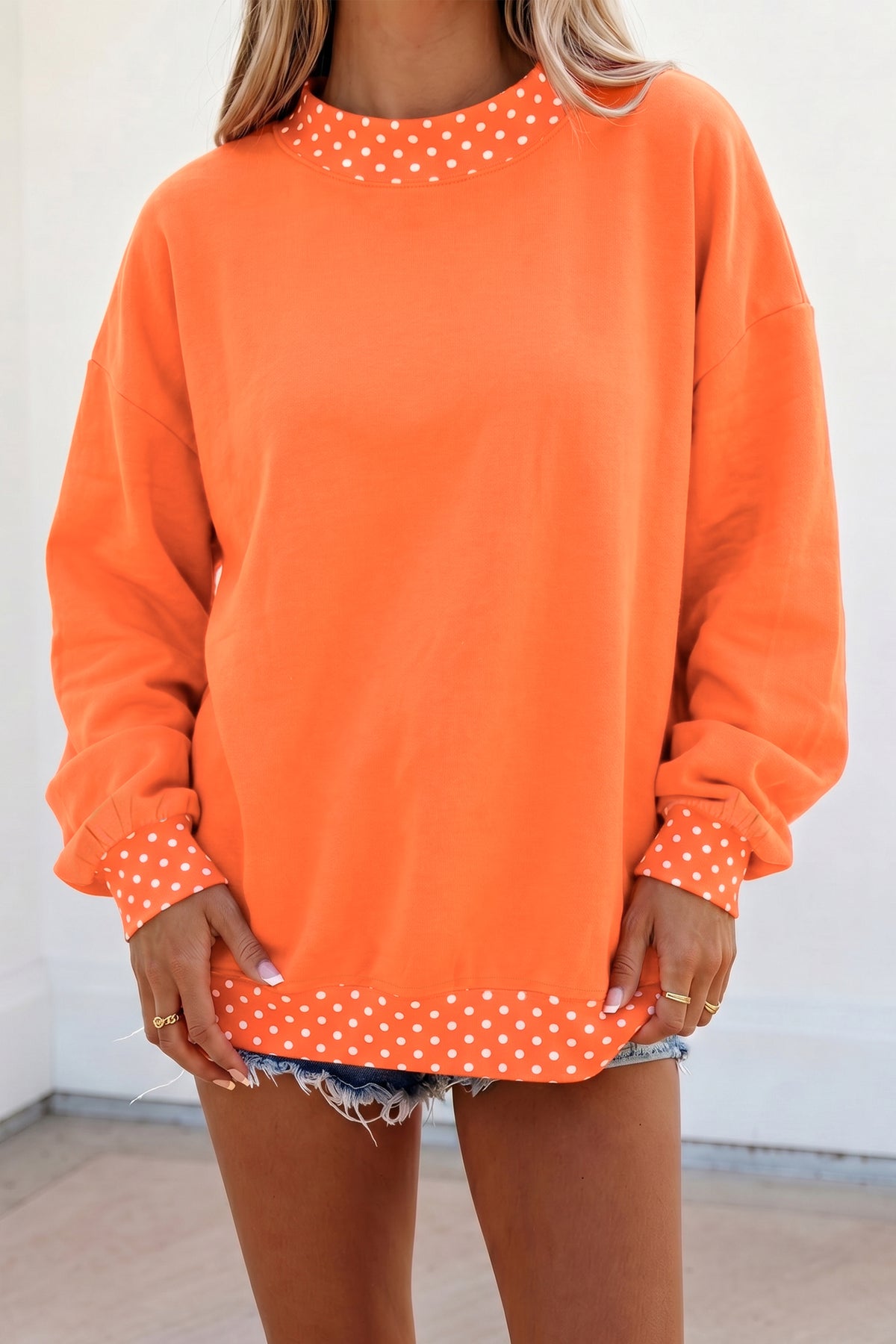 Dark Blue Colorblock Polka Dot Contrast Trim Oversized Sweatshirt