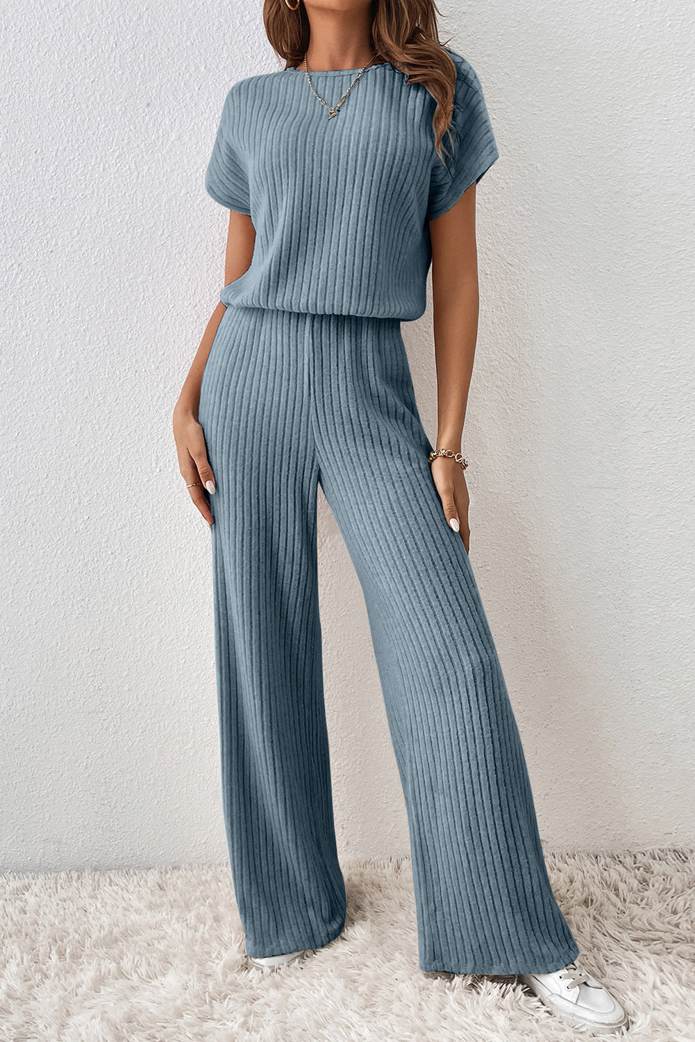 Mist Green Ribbed Keyhole Short Sleeve Wide Leg Jumpsuit