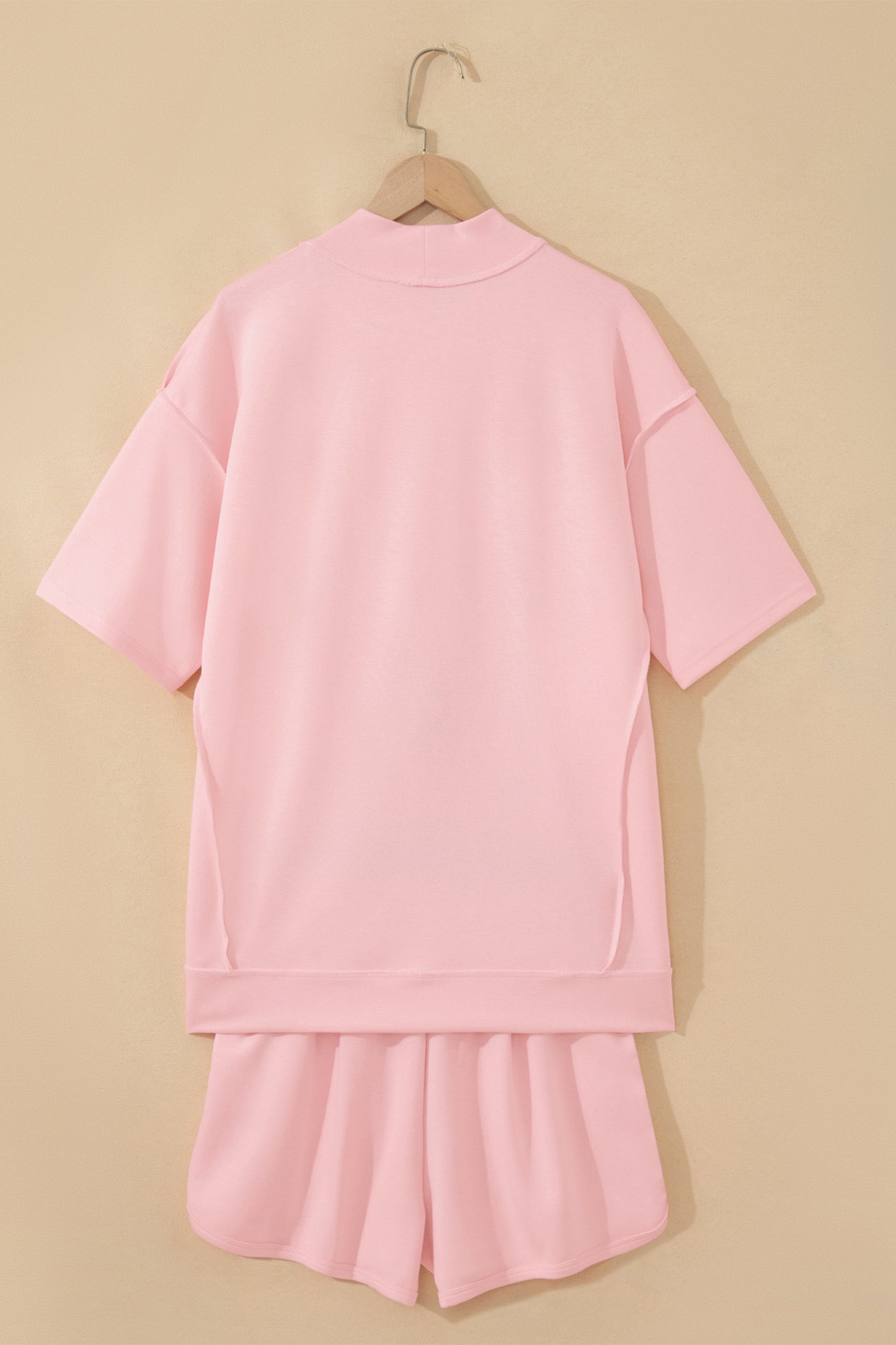 Moonlight Jade Solid Color Exposed Seam Mock Neck Oversize Tee Casual Shorts 2pcs Outfit