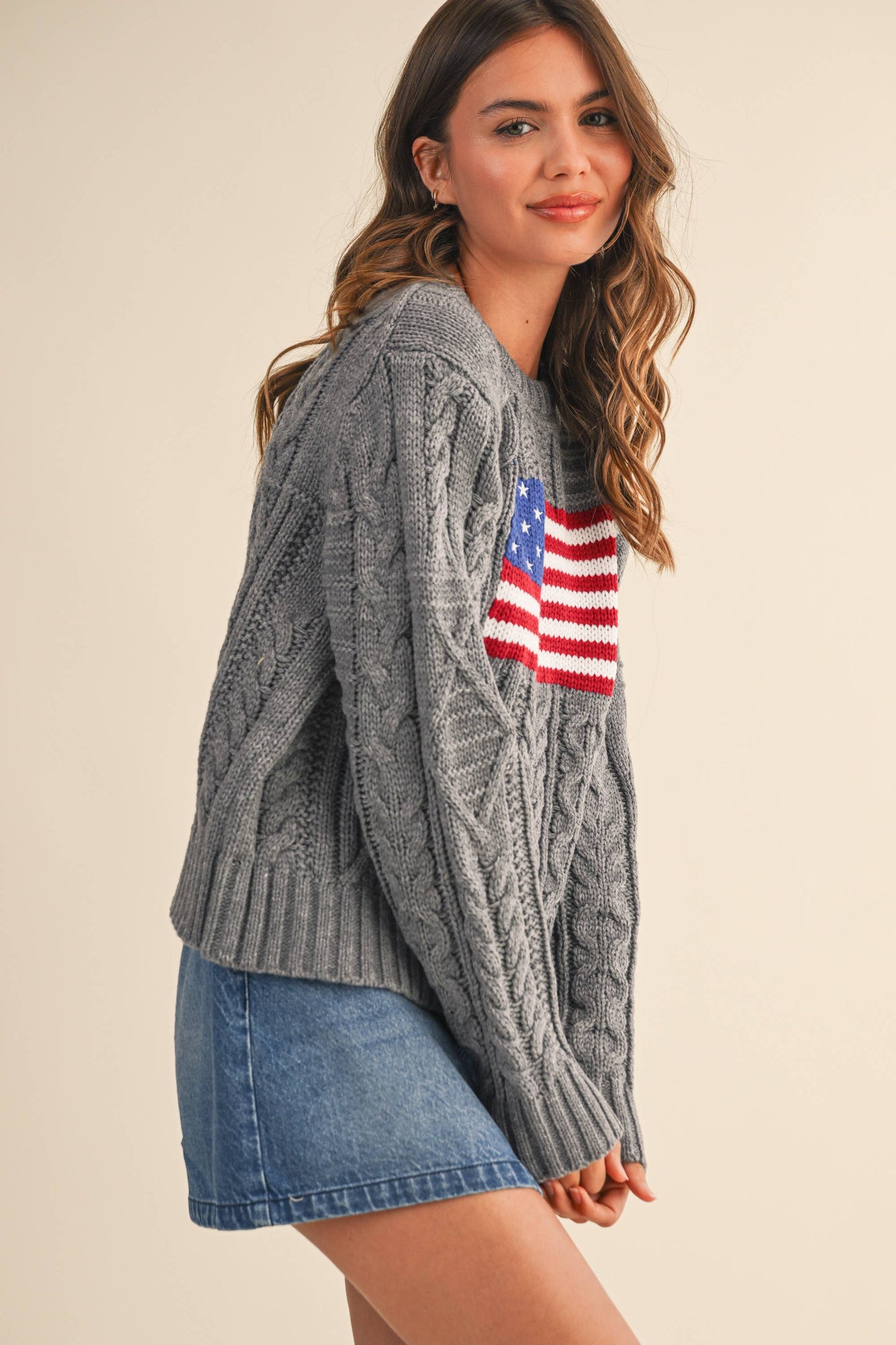 IT4473 USA FLAG CABLE KNIT SWEATER