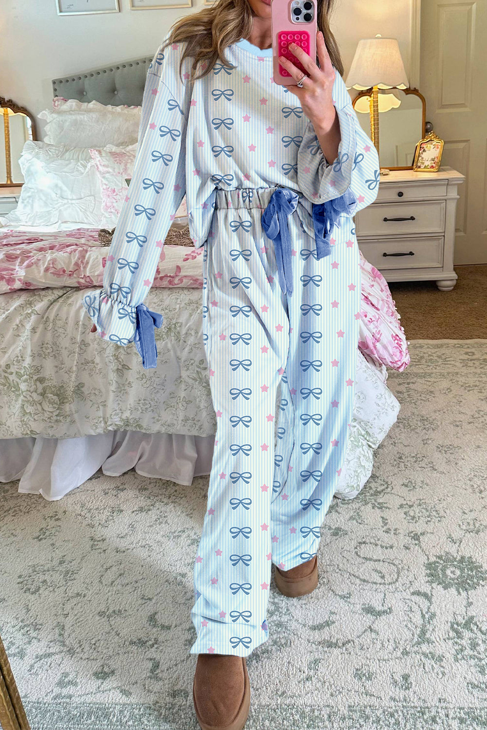Sky Blue Stripe Bow Star Print Tied Detail 2pcs Lounge Set