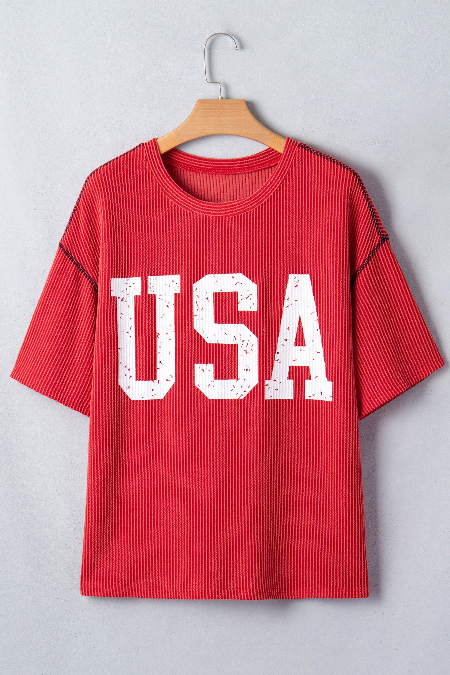 White USA Graphic Half Sleeve Loose Ribbed Top