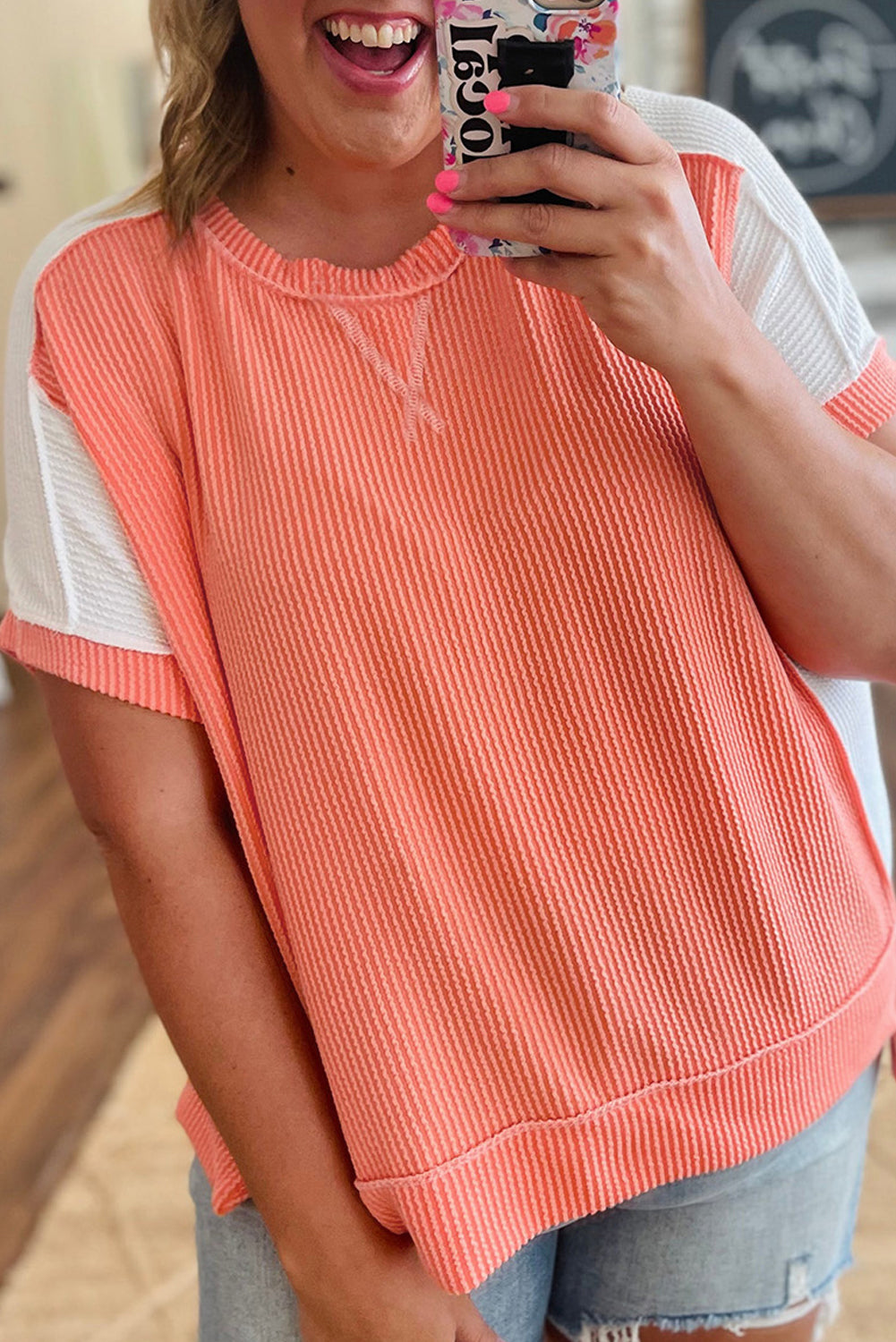 Coral Crush Ribbed Top (Plus Size)