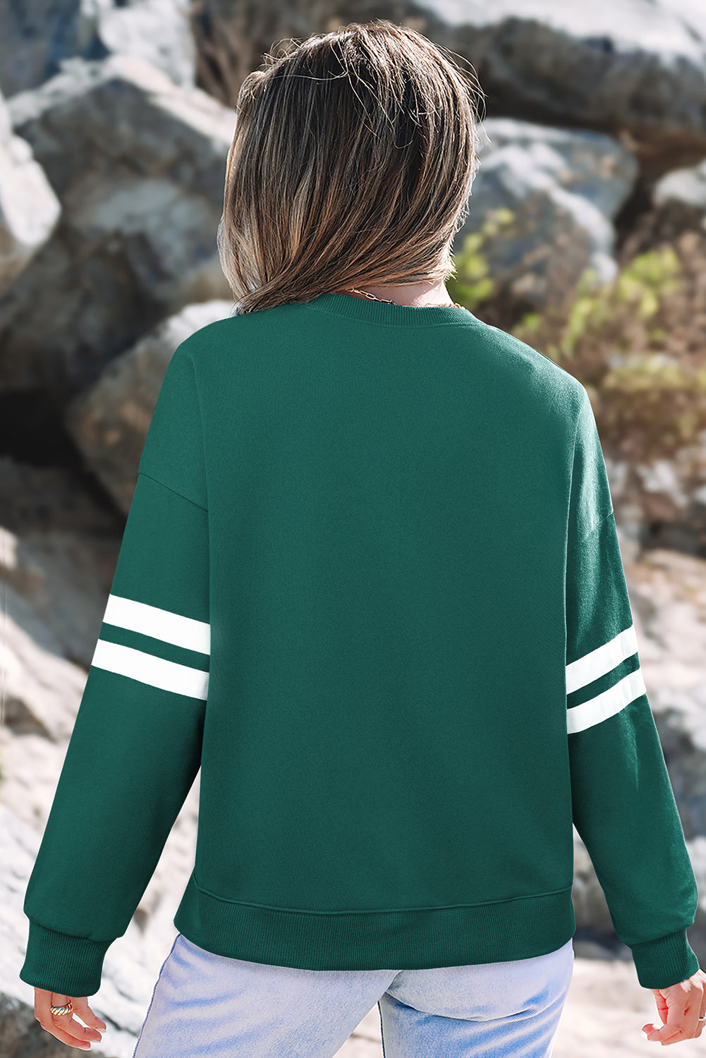 Dark Grey Varsity Striped Detail Drop Shoulder Oversized Sweatshirt