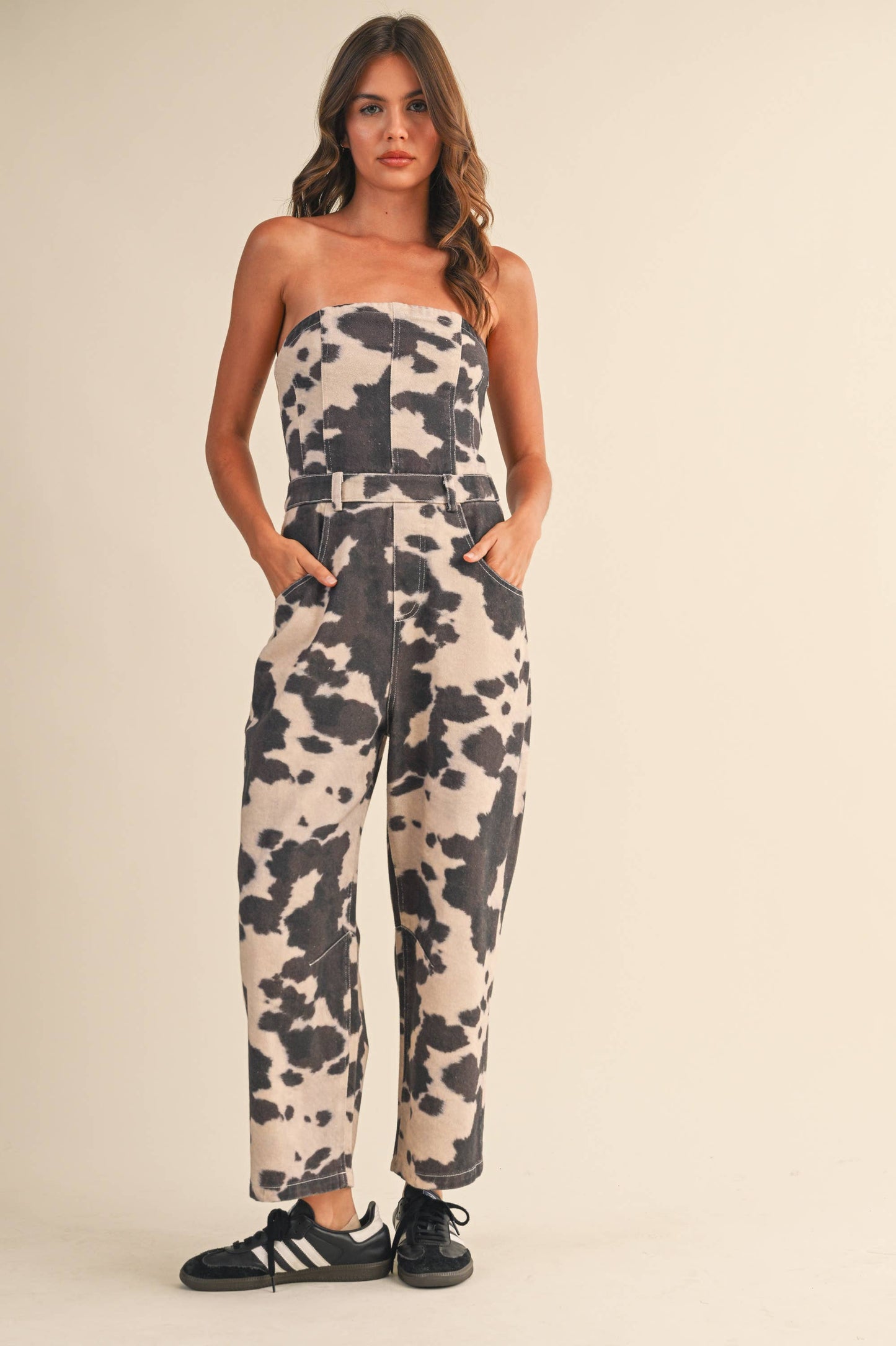 COW PRINT STRAPLESS BARREL PANTS JUMPSUIT