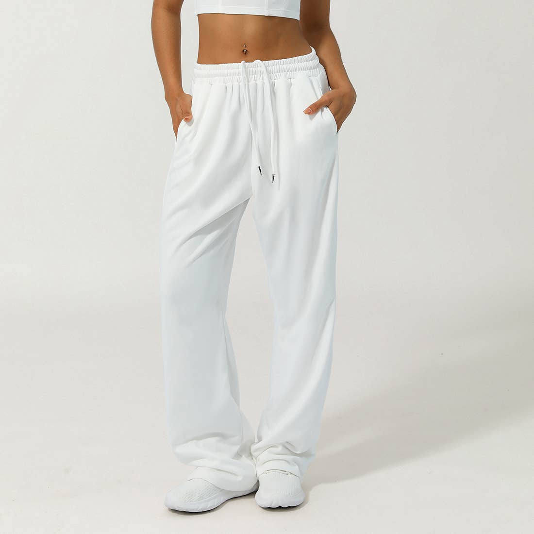 Women Waistband Drawstring Loose Sport Running Sweatpants: Brown / L