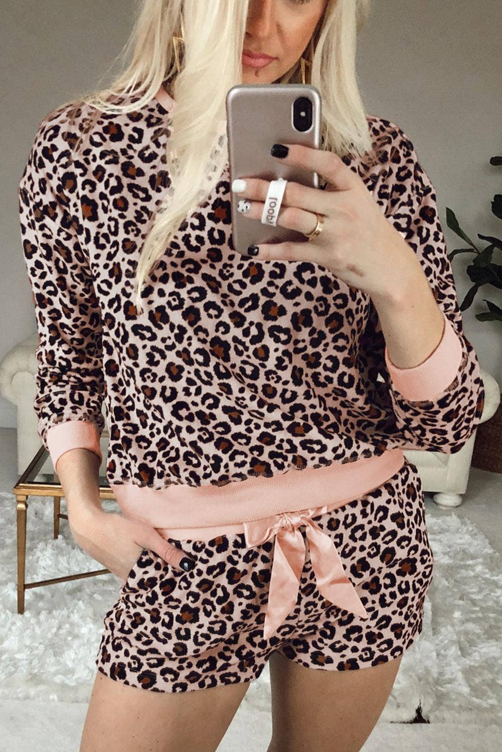 Leopard long sleeve shorts pajamas set: LEOPARD / 2-2-2 / S-M-L