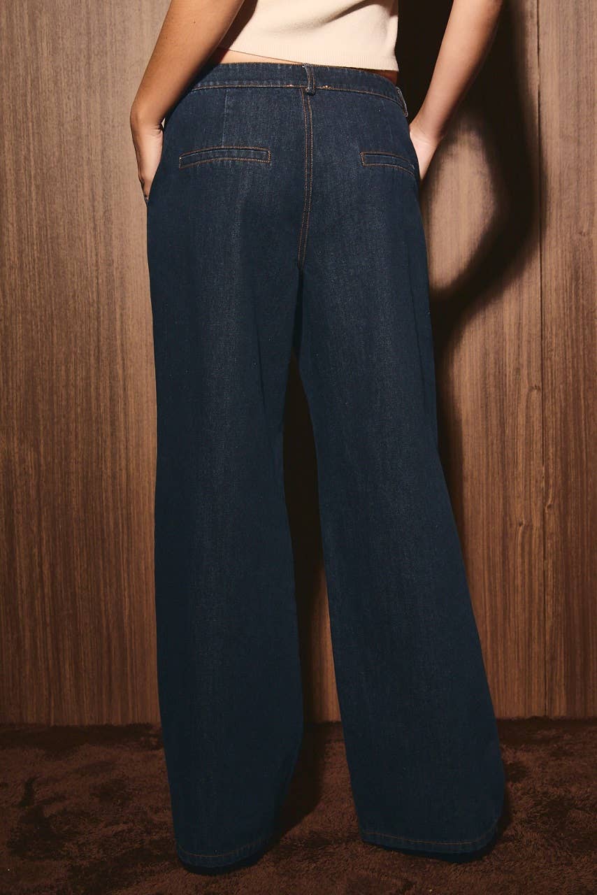 Pleated Low Rise Wide Leg Dark Wash Denim Pants