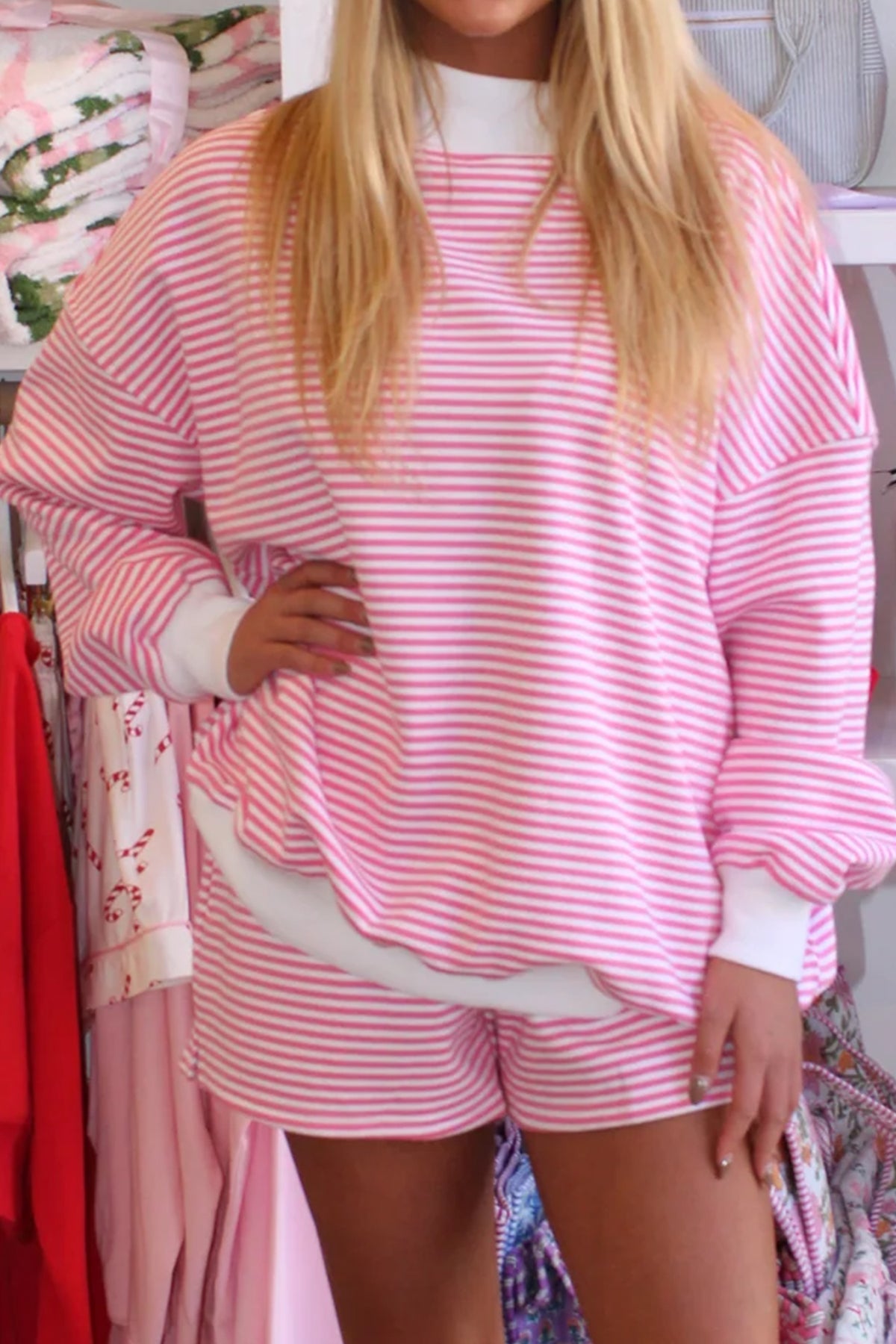 Oversize Striped Mock Neck Sweatshirt and Shorts Set